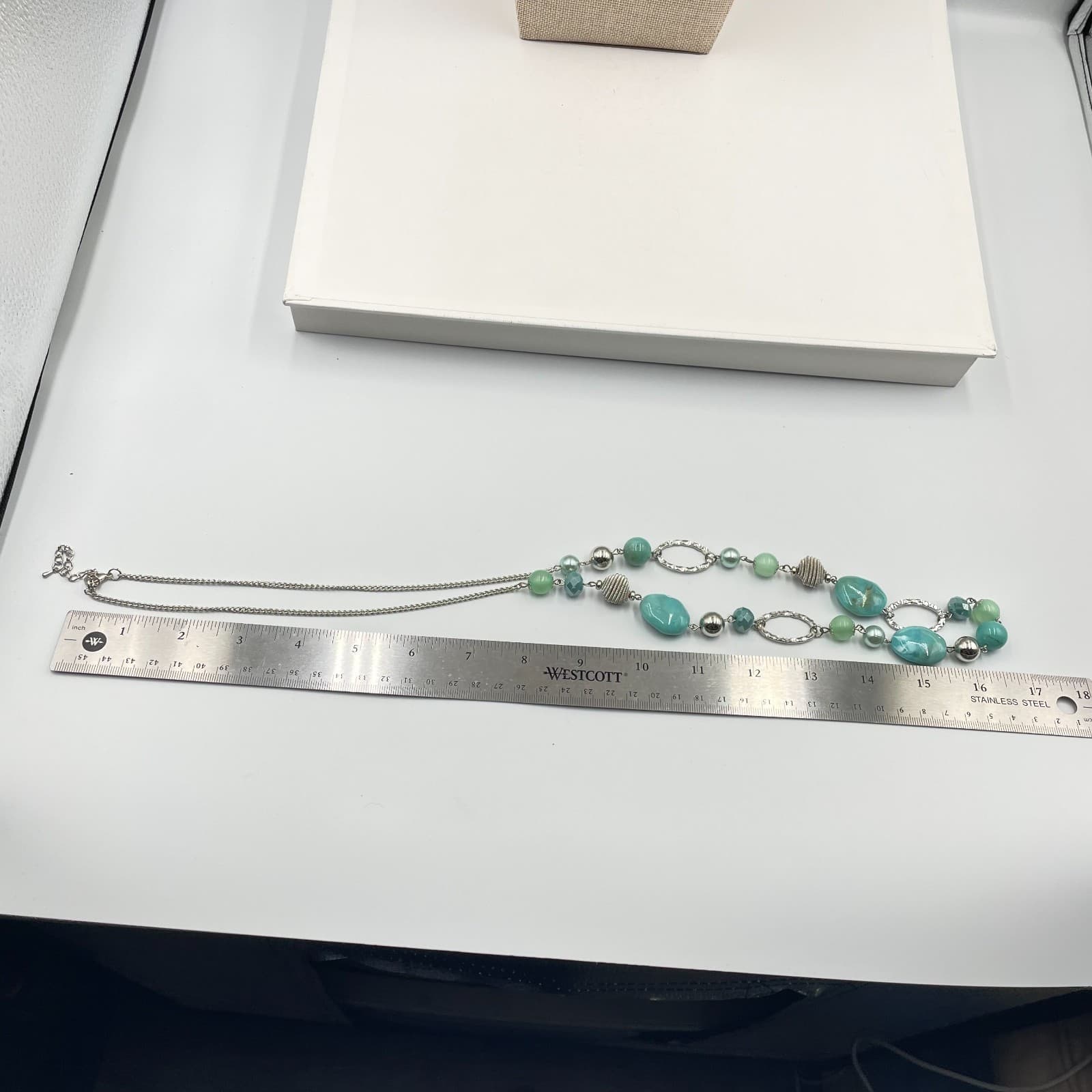 Vintage Boho Long Beaded Necklace Teal Aqua Blue Silver Tone Textured Statement - Thumbnail 7