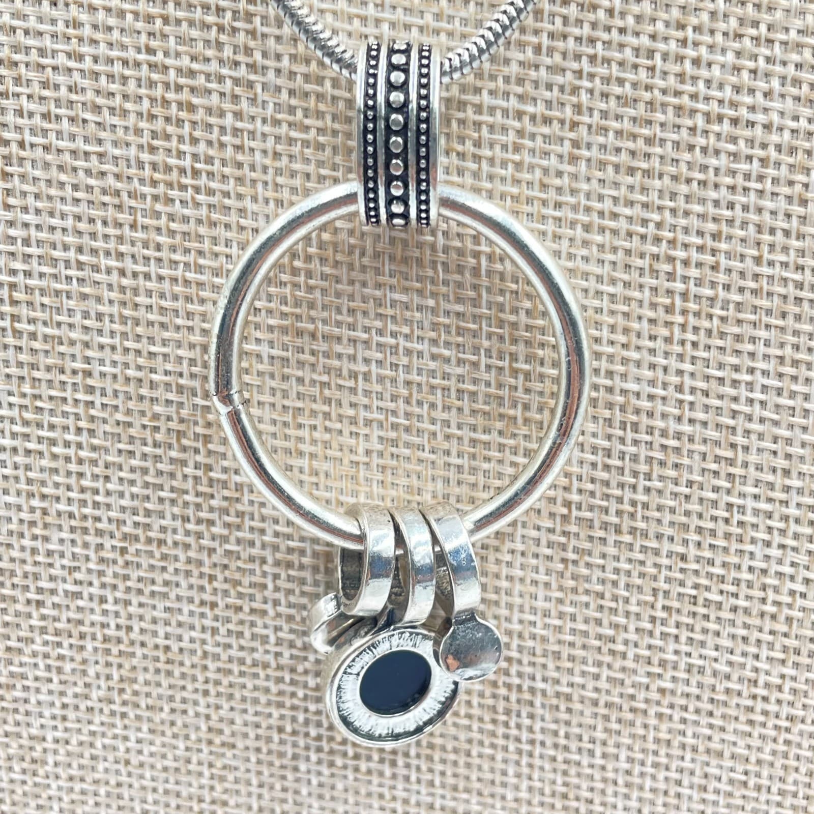 Vintage Silver Tone Geometric Ring Pendant Necklace Black Stone Snake Long Chain - Thumbnail 3