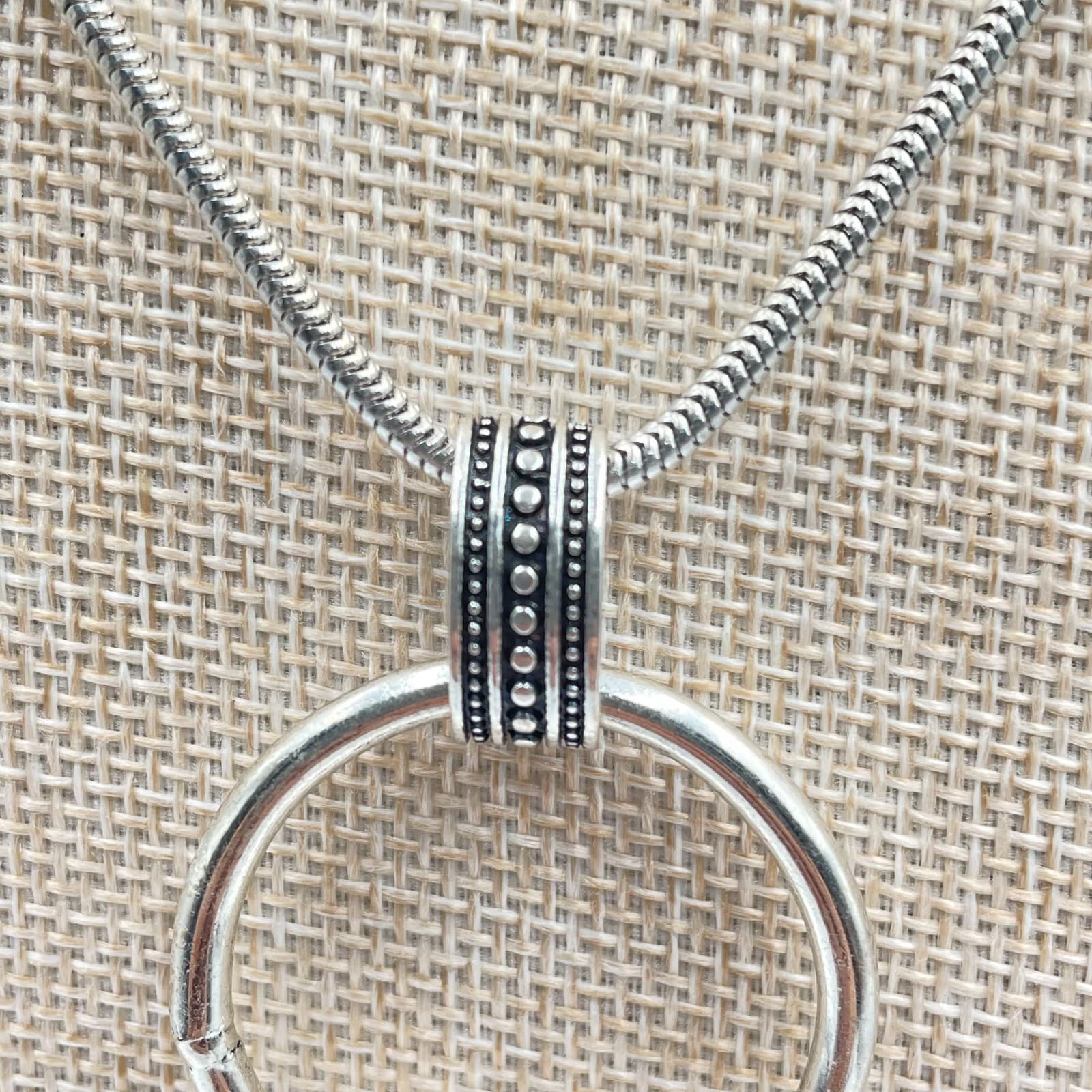 Vintage Silver Tone Geometric Ring Pendant Necklace Black Stone Snake Long Chain - Thumbnail 4