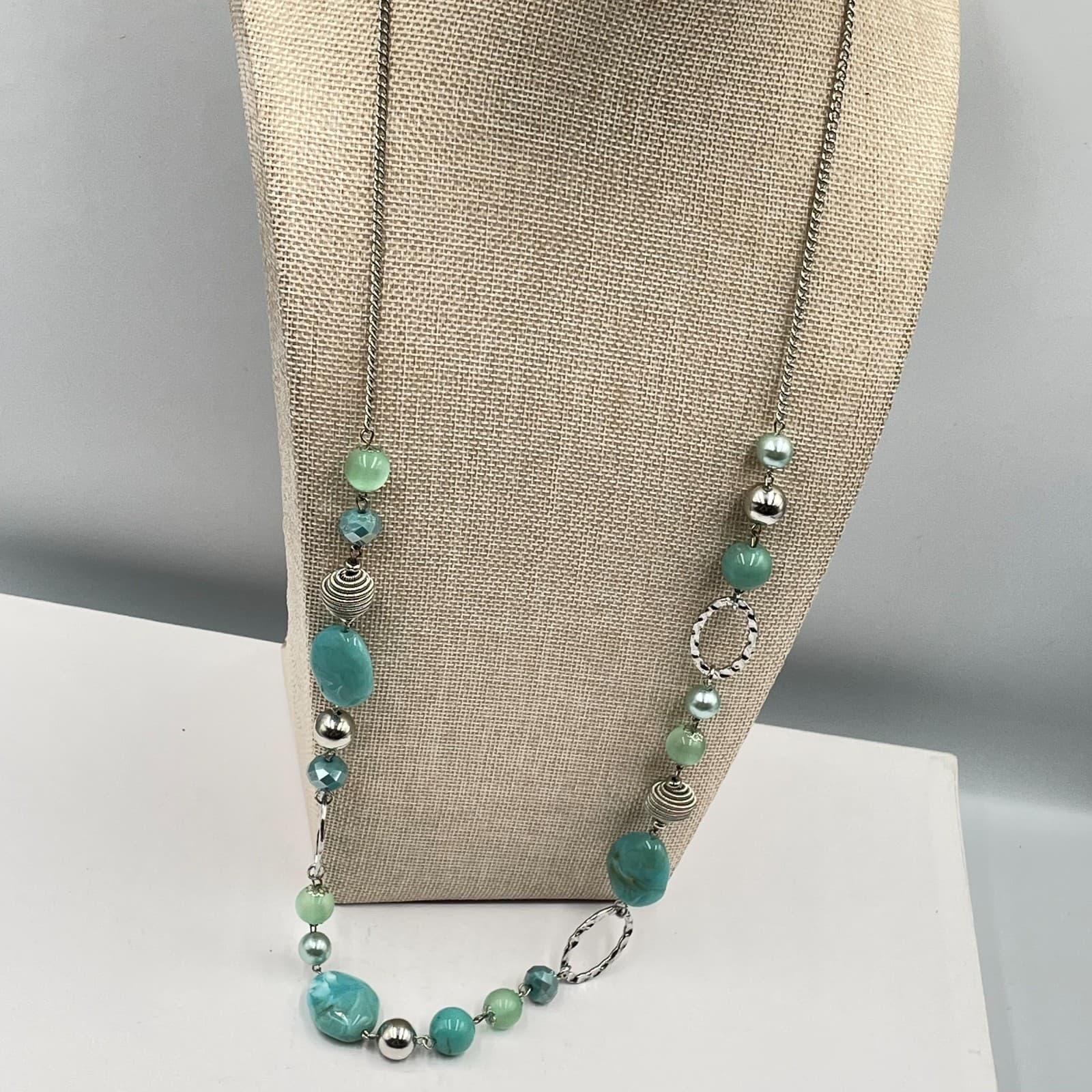 Vintage Boho Long Beaded Necklace Teal Aqua Blue Silver Tone Textured Statement - Thumbnail 5