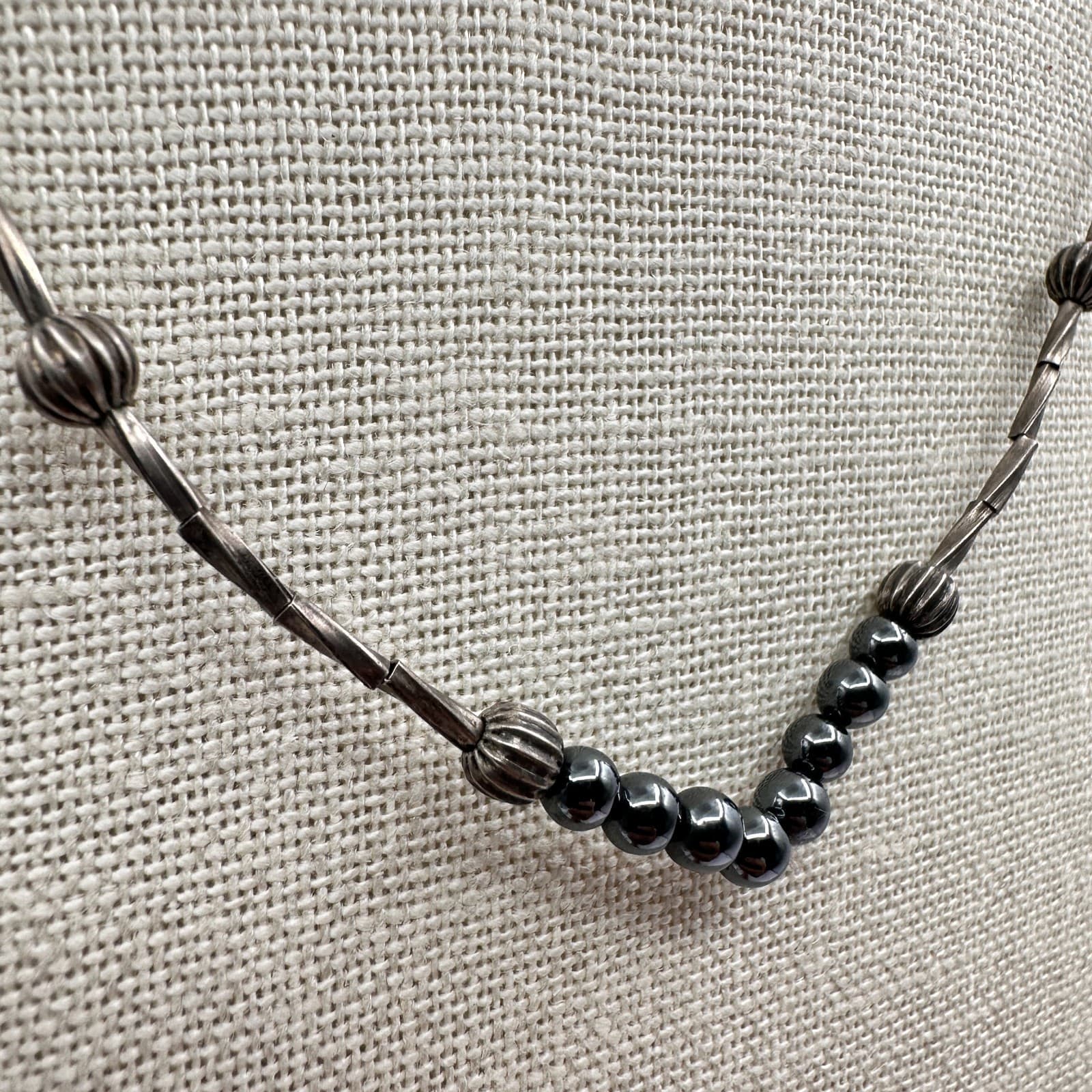 Vintage 90s Hematite SilverTone tube Bead Necklace Metallic Ball Fashion Jewelry - Thumbnail 3