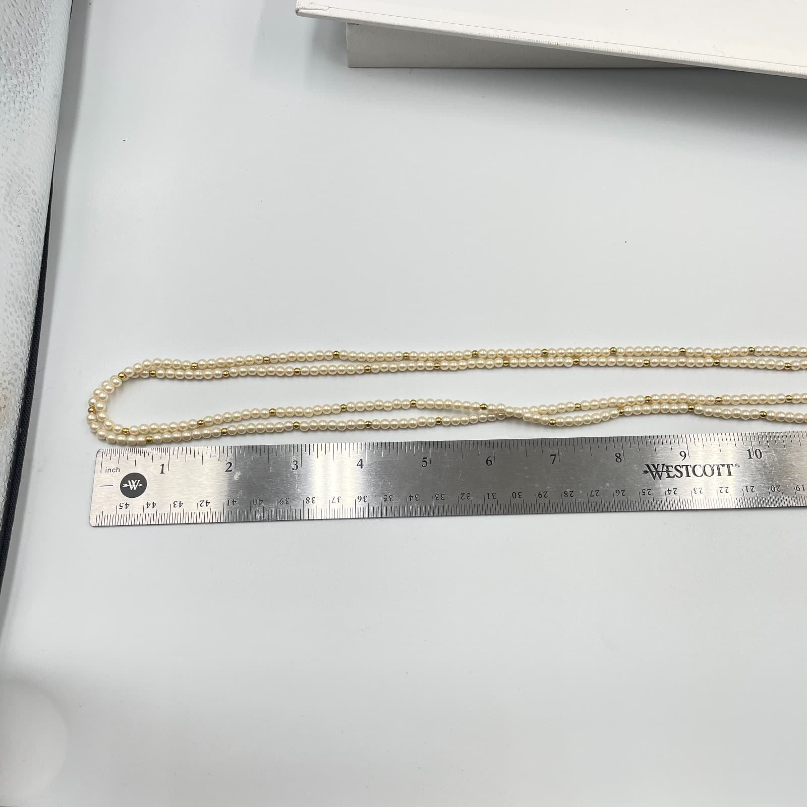 Vintage Long Faux Pearl Necklace Cream Gold Spacer Beads Double Layer Wrap 50" - Thumbnail 7