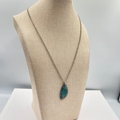 VTG Turquoise Teardrop Pendant Necklace Silver Tone Curb Chain Boho Statement - Thumbnail 5
