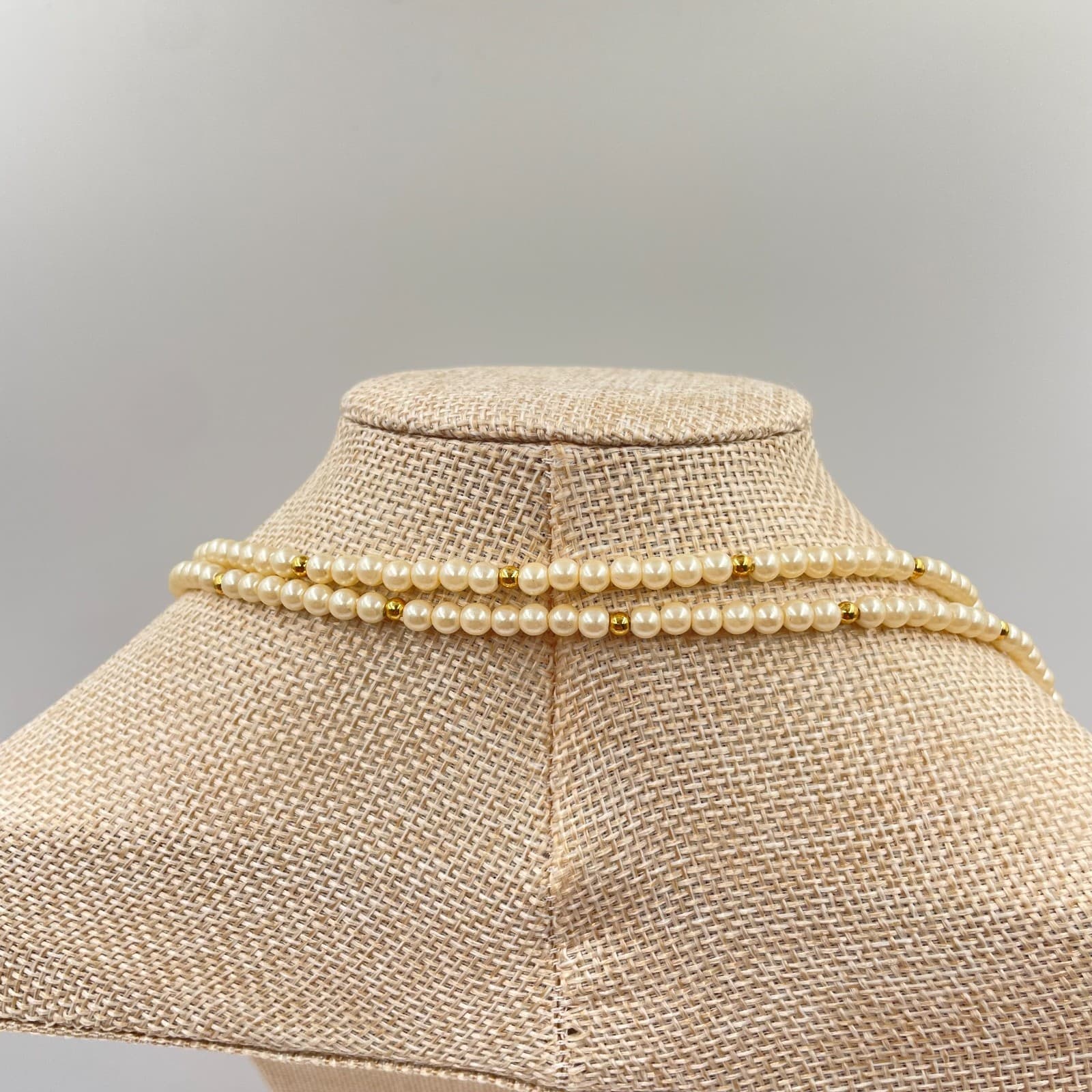 Vintage Long Faux Pearl Necklace Cream Gold Spacer Beads Double Layer Wrap 50" - Thumbnail 6