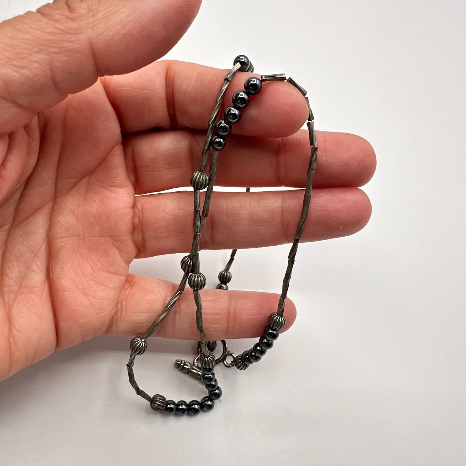 Vintage 90s Hematite SilverTone tube Bead Necklace Metallic Ball Fashion Jewelry - Thumbnail 6