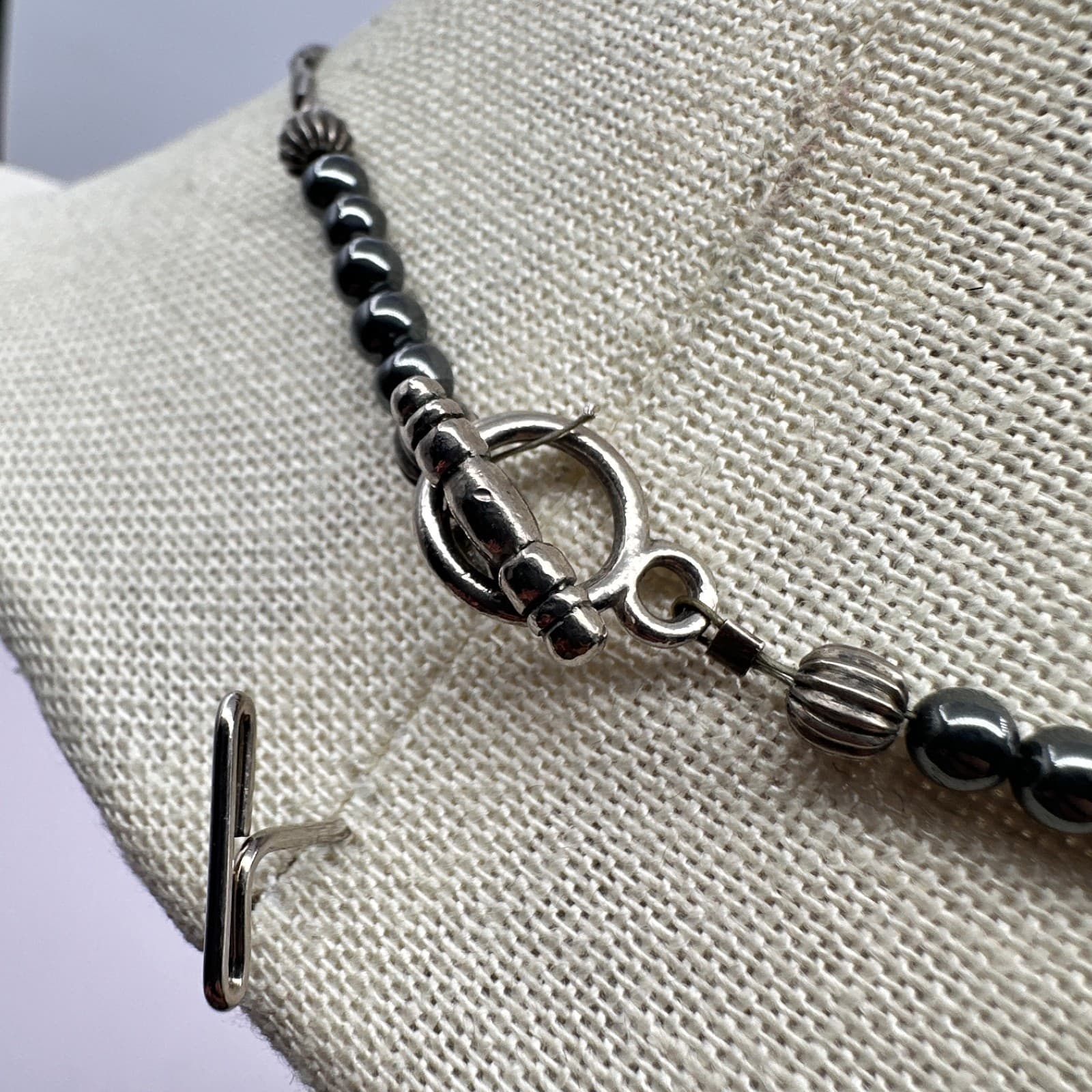 Vintage 90s Hematite SilverTone tube Bead Necklace Metallic Ball Fashion Jewelry - Thumbnail 5