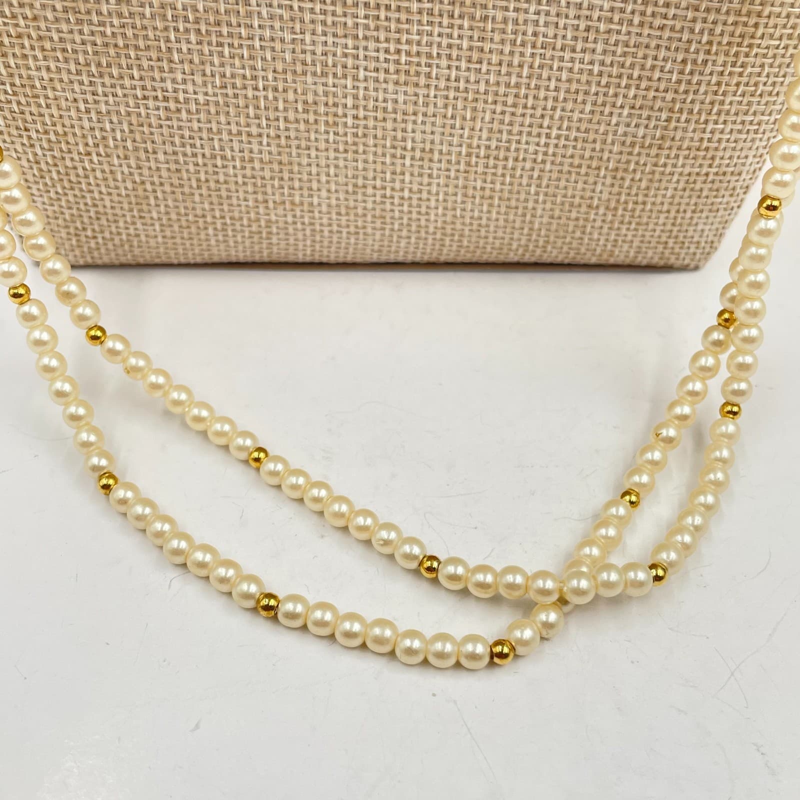 Vintage Long Faux Pearl Necklace Cream Gold Spacer Beads Double Layer Wrap 50" - Thumbnail 3
