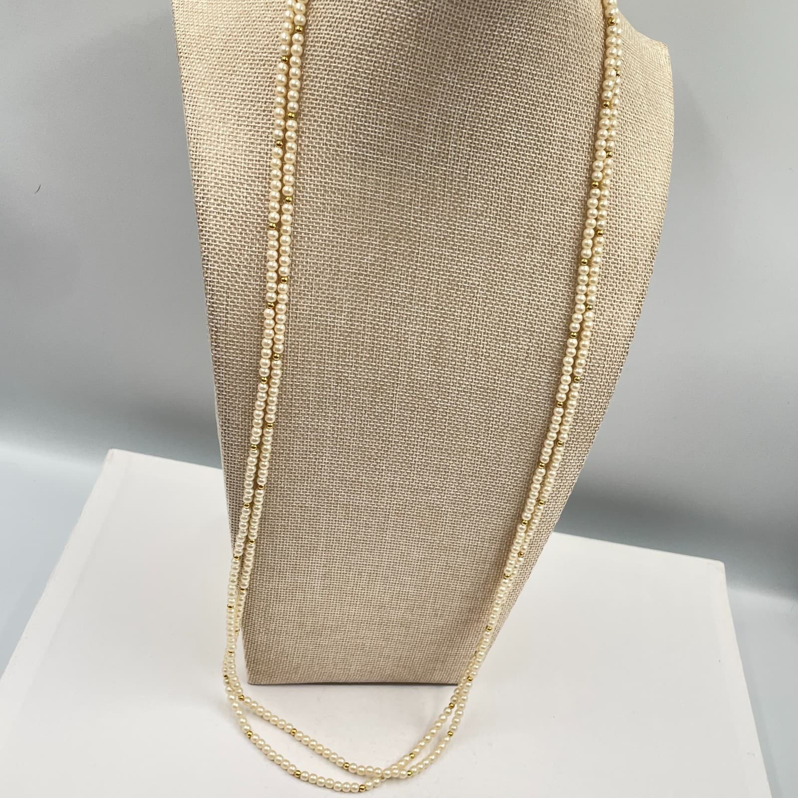 Vintage Long Faux Pearl Necklace Cream Gold Spacer Beads Double Layer Wrap 50" - Thumbnail 4