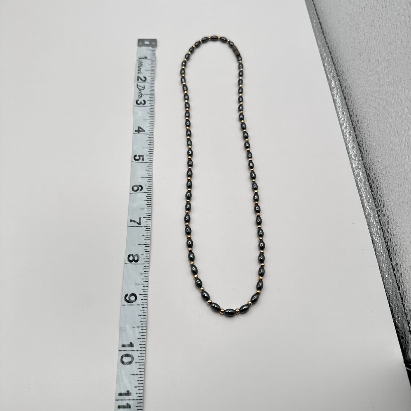 Vintage 90s Hematite Glass Bead Necklace Gold Tone Spacer Minimalist Jewelry - Thumbnail 7