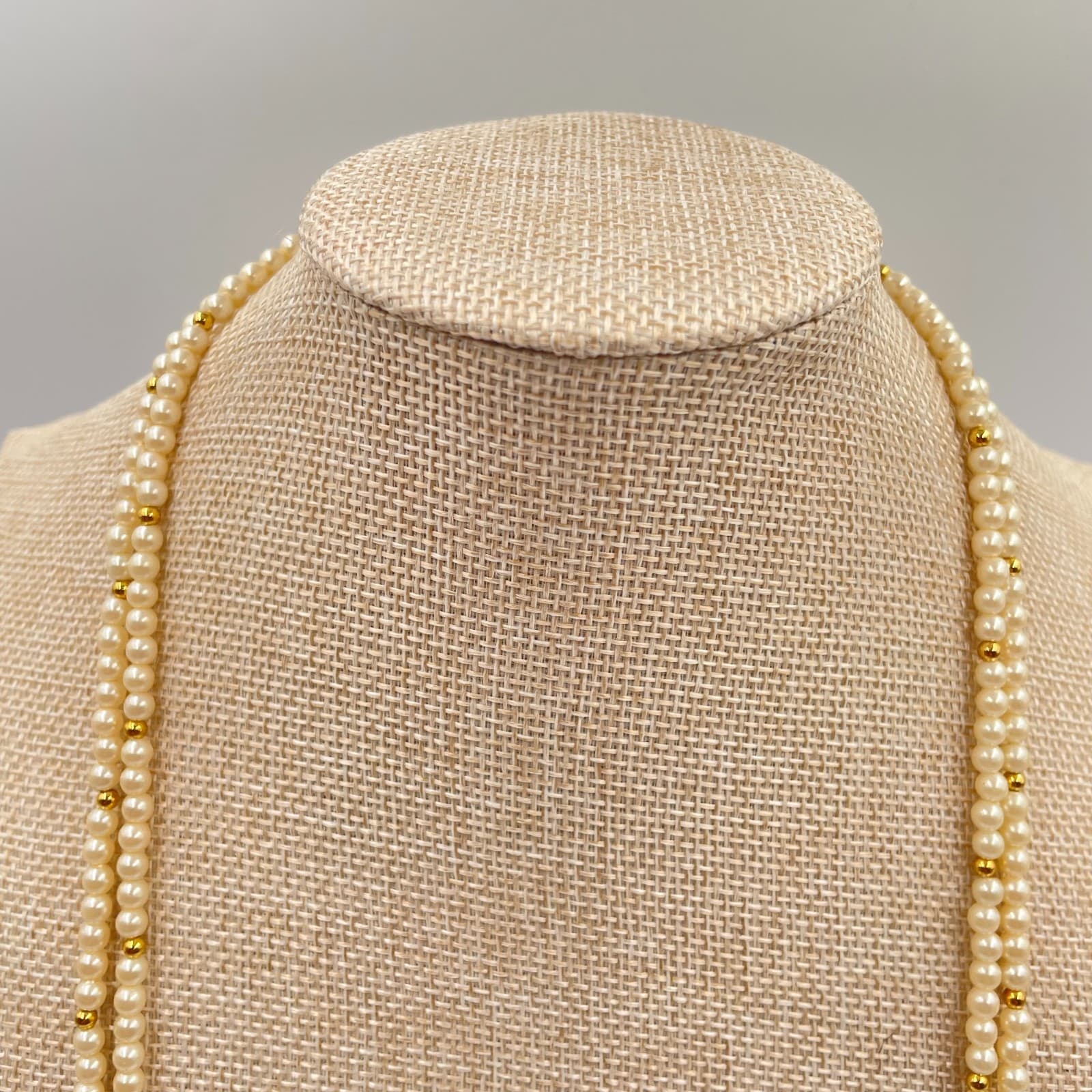 Vintage Long Faux Pearl Necklace Cream Gold Spacer Beads Double Layer Wrap 50" - Thumbnail 2