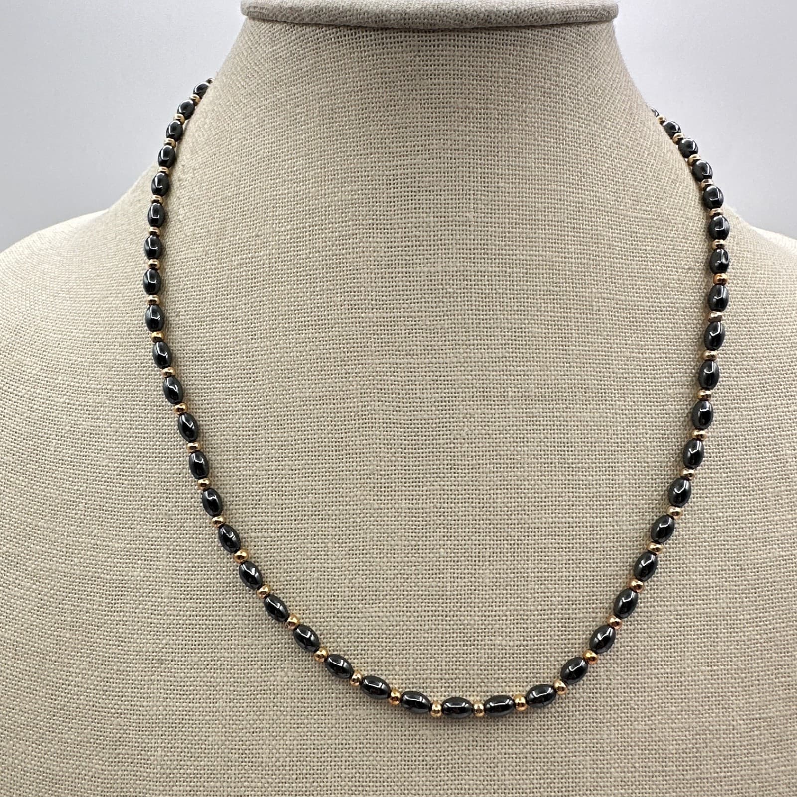 Vintage 90s Hematite Glass Bead Necklace Gold Tone Spacer Minimalist Jewelry - Thumbnail 5