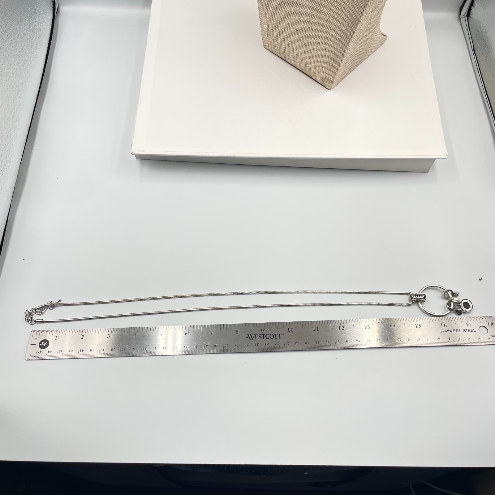 Vintage Silver Tone Geometric Ring Pendant Necklace Black Stone Snake Long Chain - Thumbnail 8