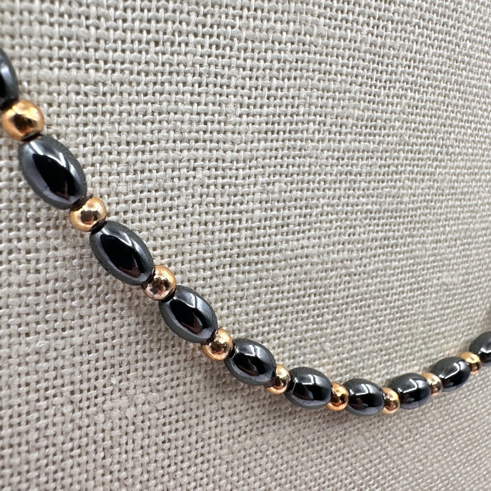 Vintage 90s Hematite Glass Bead Necklace Gold Tone Spacer Minimalist Jewelry - Thumbnail 4