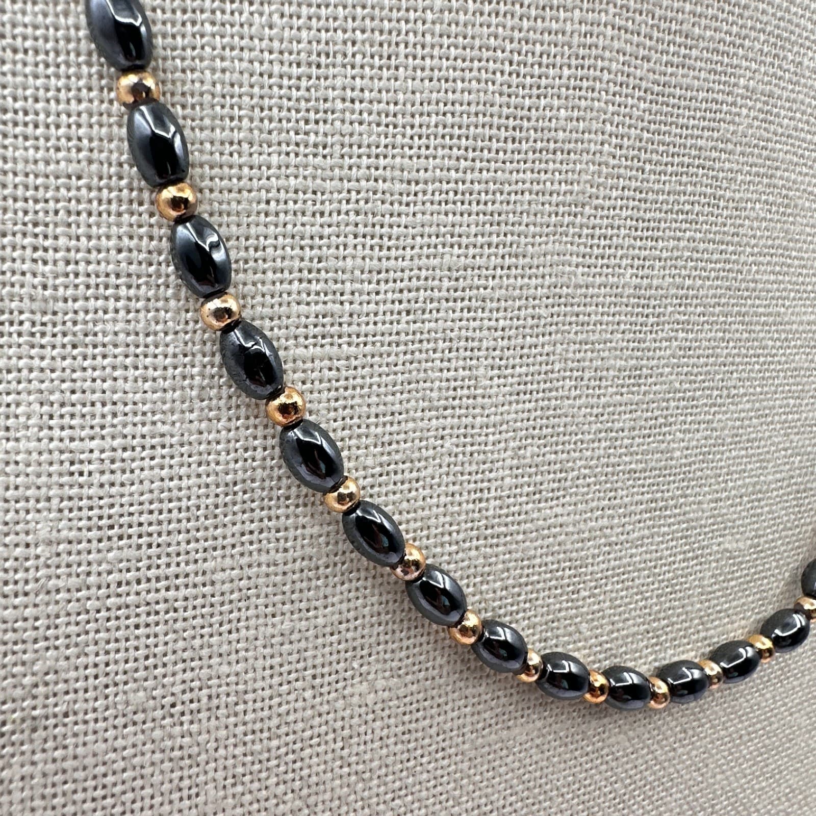 Vintage 90s Hematite Glass Bead Necklace Gold Tone Spacer Minimalist Jewelry - Thumbnail 3