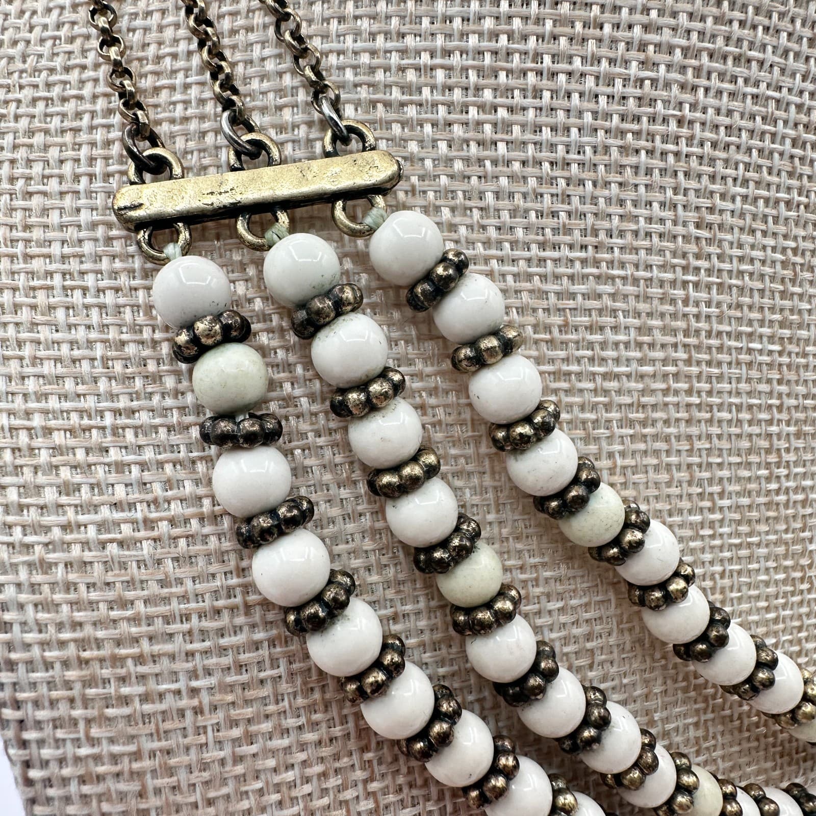 Vintage Lucky Brand 90s Multi-Strand White Beaded Necklace Gold Tone Jewelry - Thumbnail 3