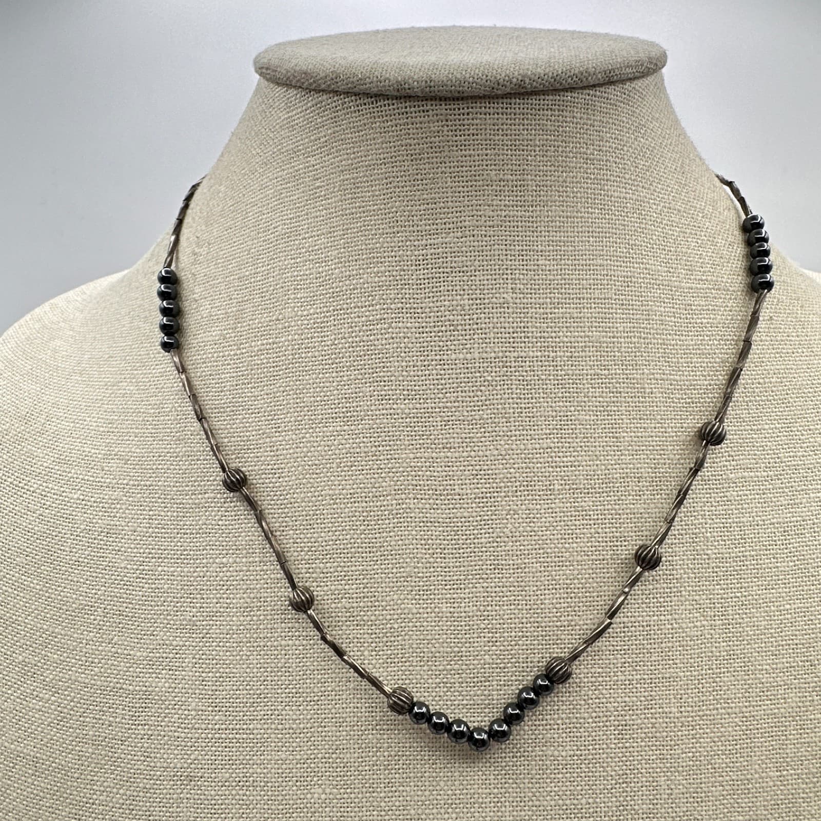 Vintage 90s Hematite SilverTone tube Bead Necklace Metallic Ball Fashion Jewelry - Thumbnail 4