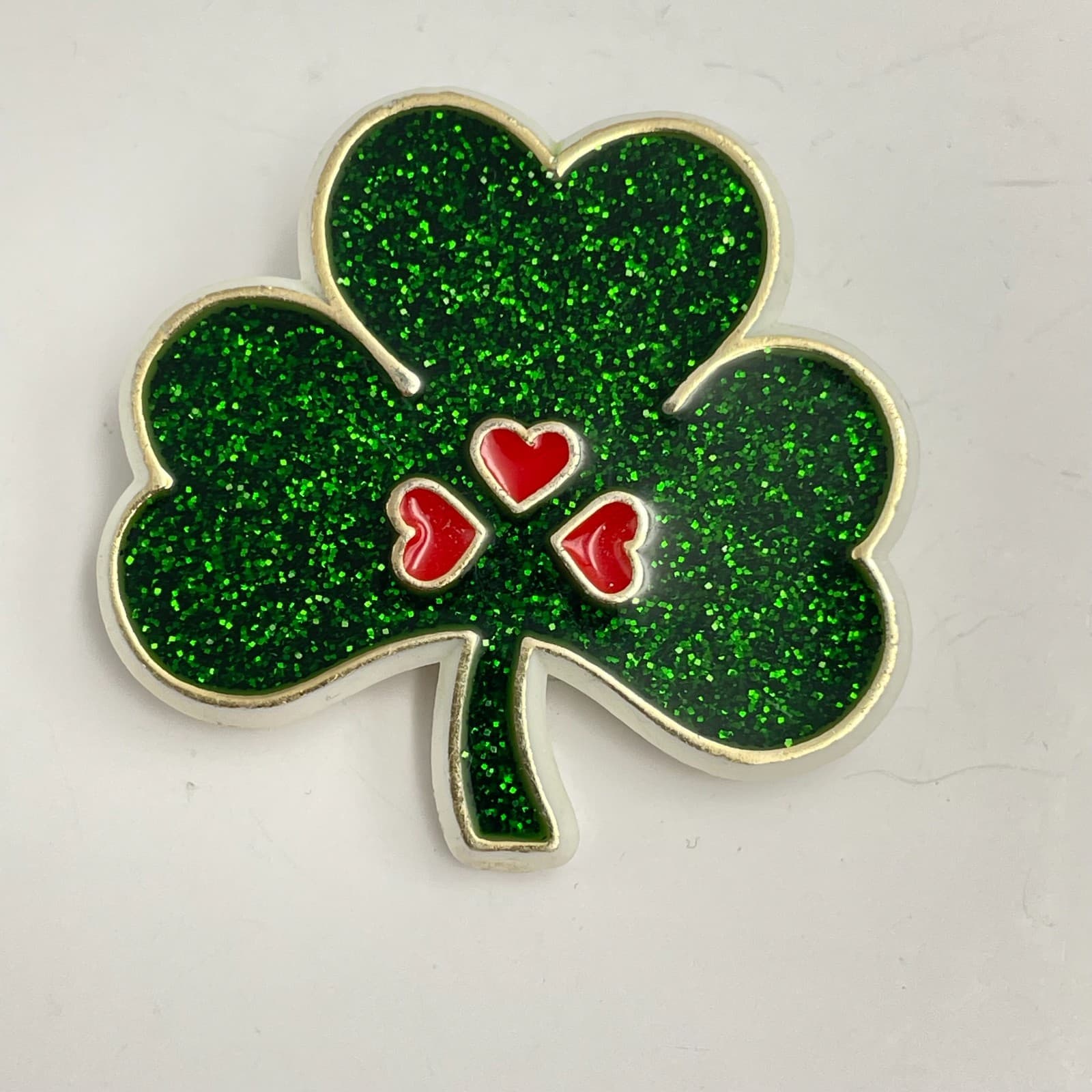 Vintage 80s Hallmark Patrick's Day Pin Shamrock Clover Hearts Smile Face Jewelry - Image 1