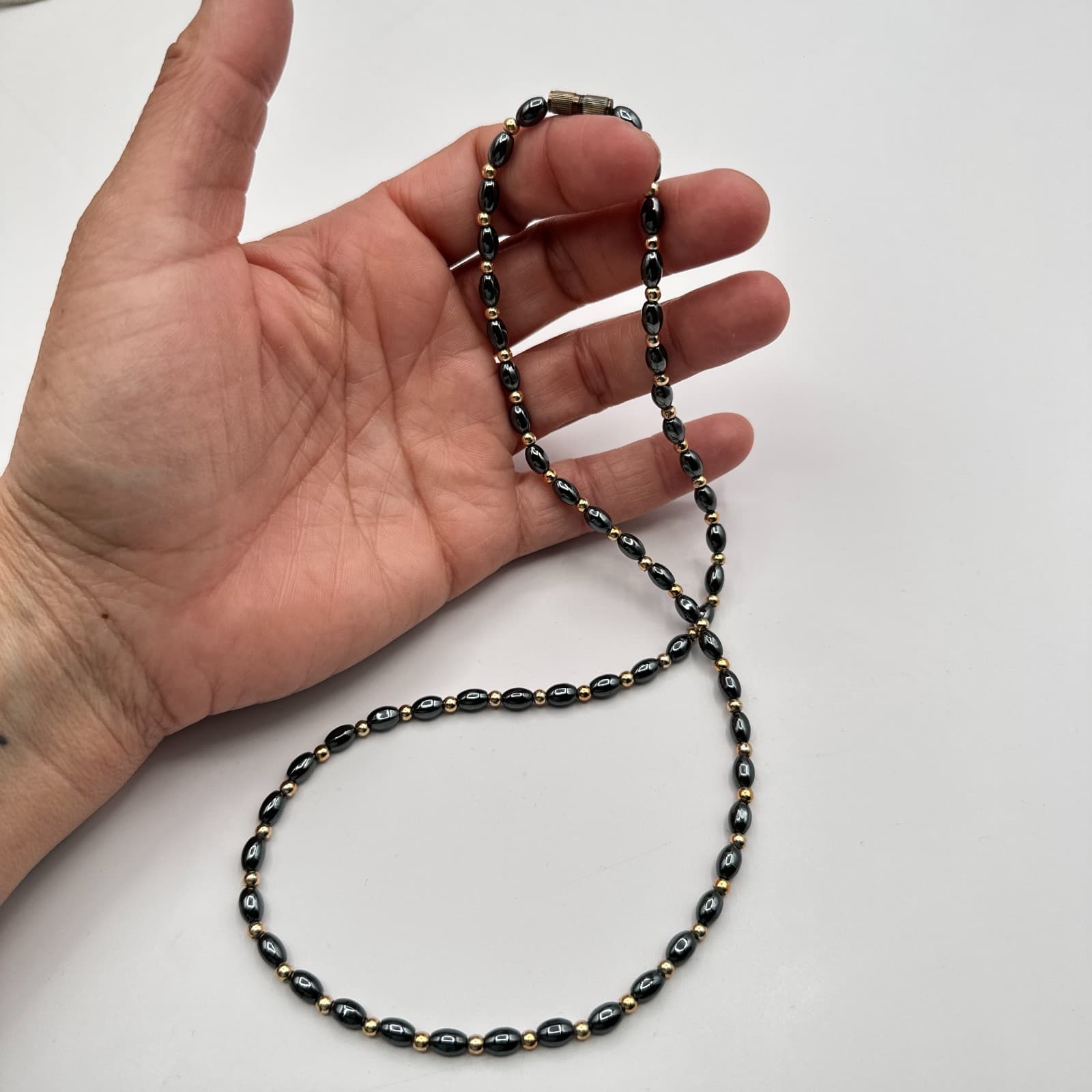 Vintage 90s Hematite Glass Bead Necklace Gold Tone Spacer Minimalist Jewelry - Thumbnail 6