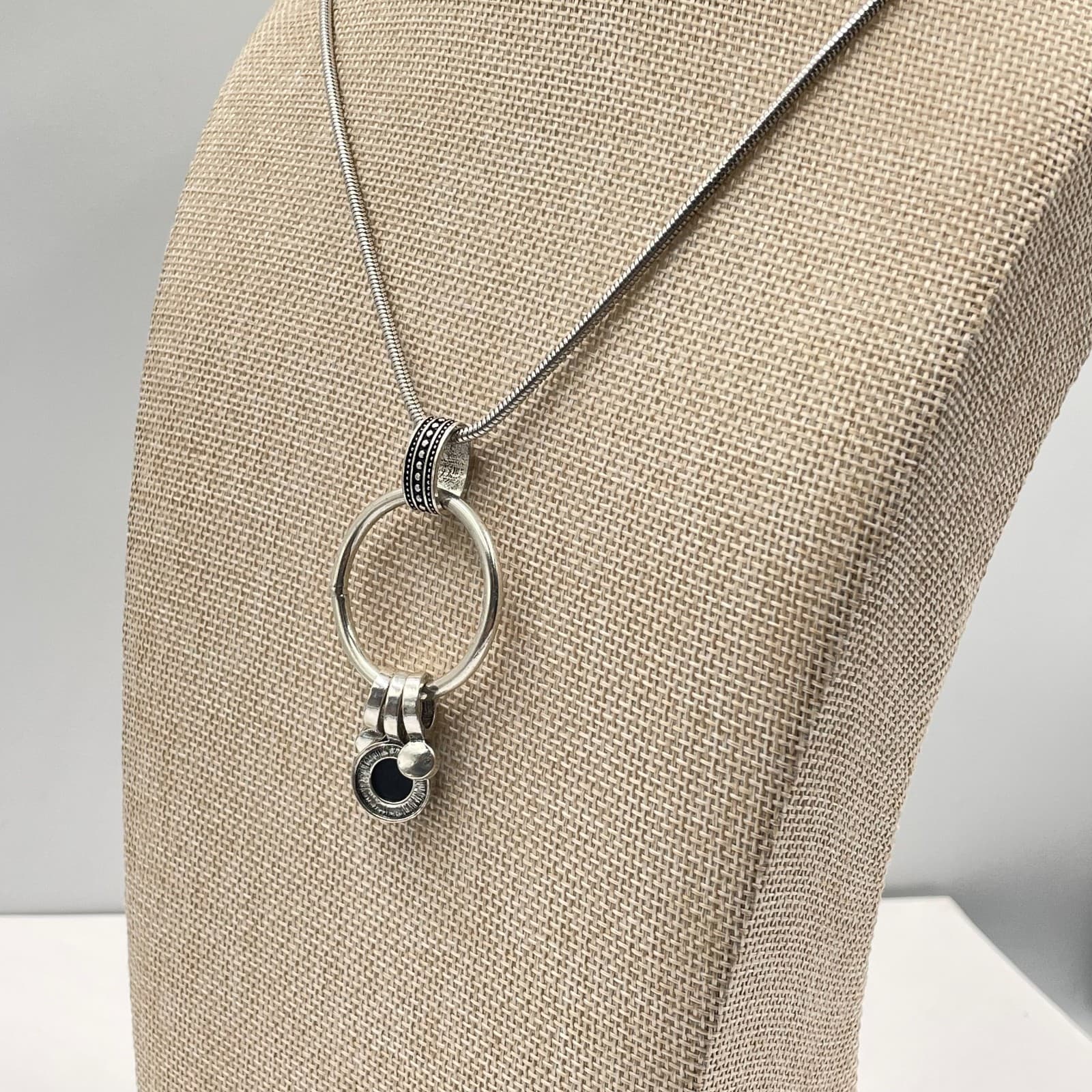 Vintage Silver Tone Geometric Ring Pendant Necklace Black Stone Snake Long Chain - Thumbnail 6
