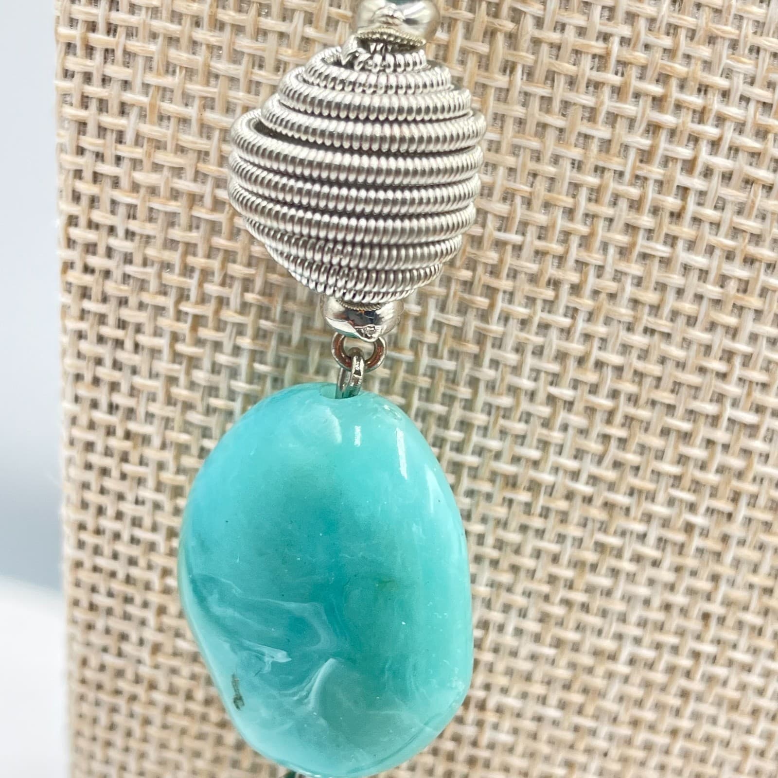 Vintage Boho Long Beaded Necklace Teal Aqua Blue Silver Tone Textured Statement - Thumbnail 4