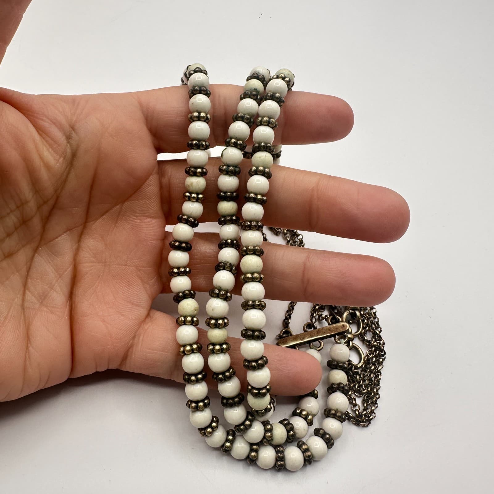 Vintage Lucky Brand 90s Multi-Strand White Beaded Necklace Gold Tone Jewelry - Thumbnail 7