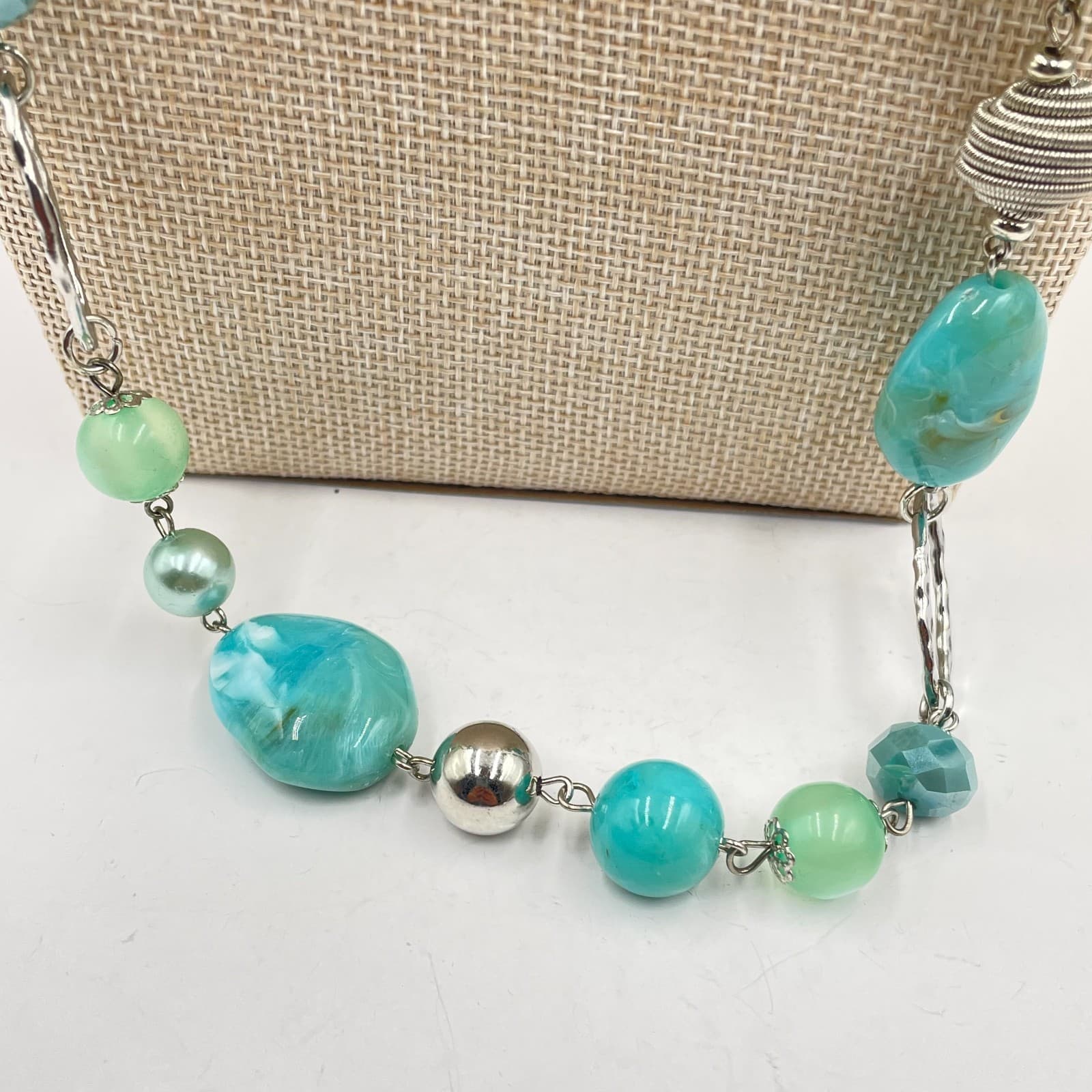 Vintage Boho Long Beaded Necklace Teal Aqua Blue Silver Tone Textured Statement - Thumbnail 3