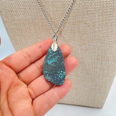 VTG Turquoise Teardrop Pendant Necklace Silver Tone Curb Chain Boho Statement - Thumbnail 4