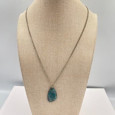 VTG Turquoise Teardrop Pendant Necklace Silver Tone Curb Chain Boho Statement - Thumbnail 2