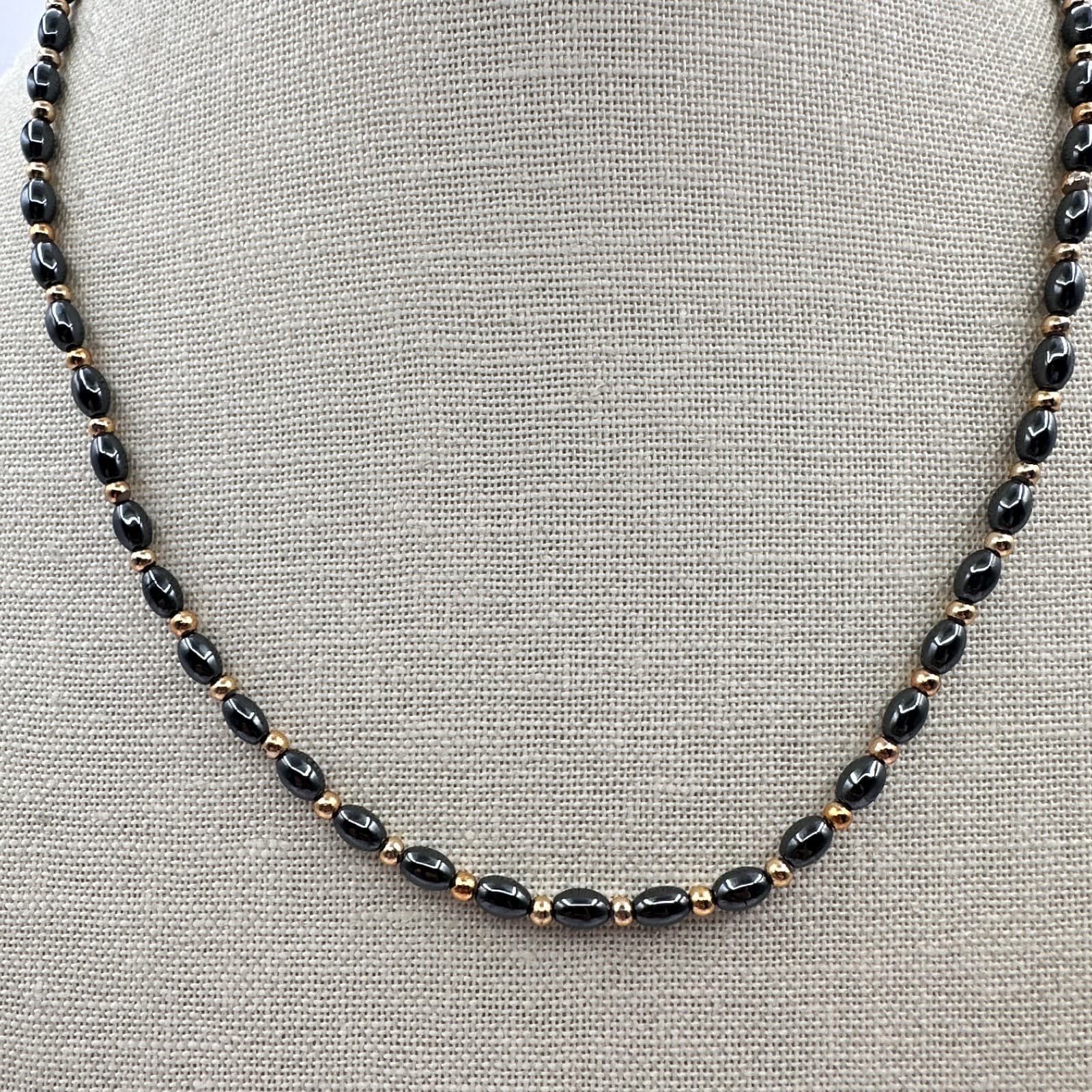 Vintage 90s Hematite Glass Bead Necklace Gold Tone Spacer Minimalist Jewelry - Thumbnail 2