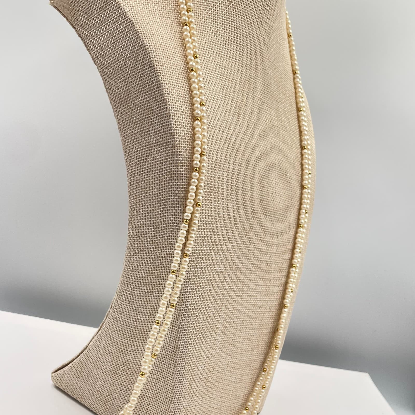 Vintage Long Faux Pearl Necklace Cream Gold Spacer Beads Double Layer Wrap 50" - Thumbnail 5