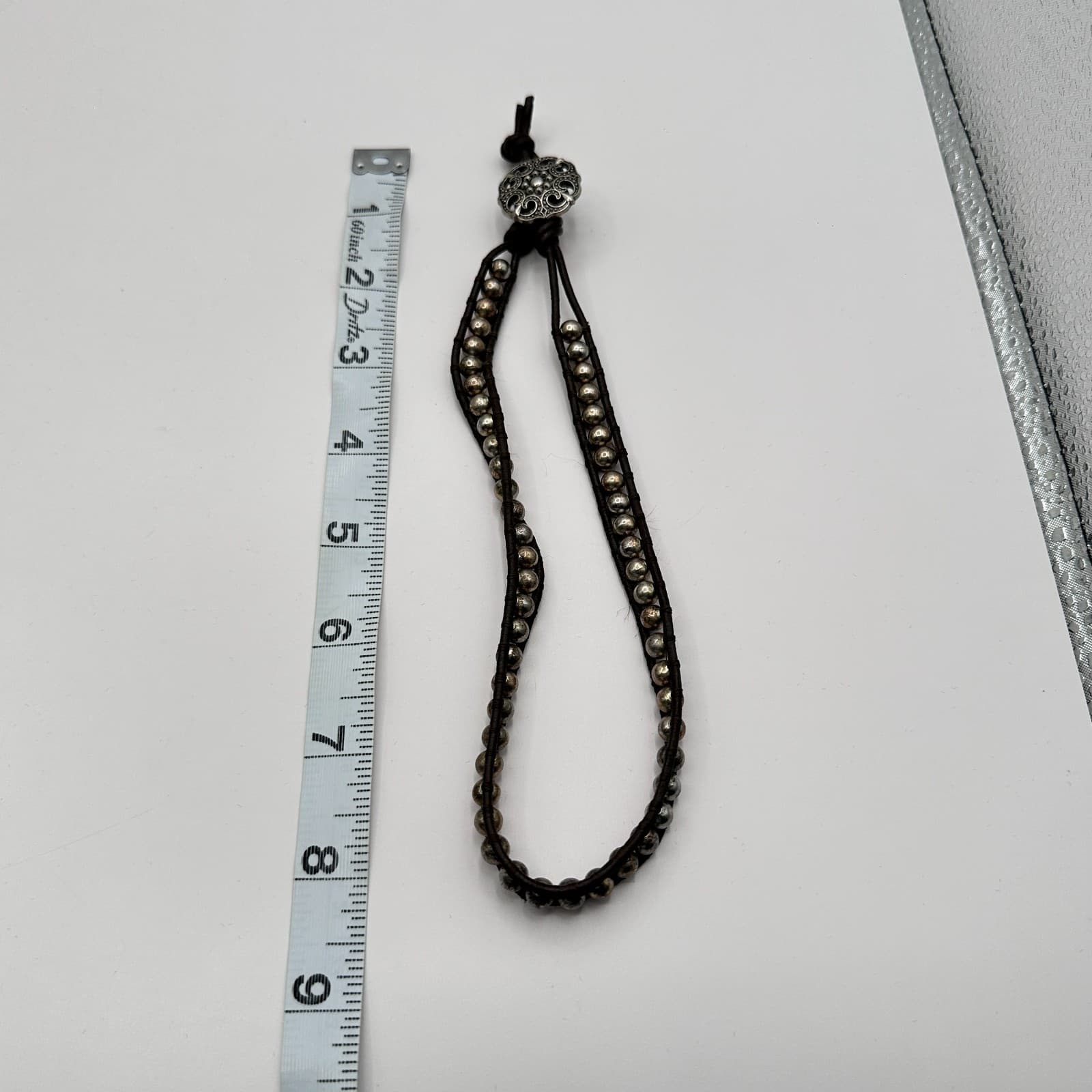 Vintage 90s Choker Necklace Silver Tone Ball Bead Brown Leather Boho Jewelry - Thumbnail 7