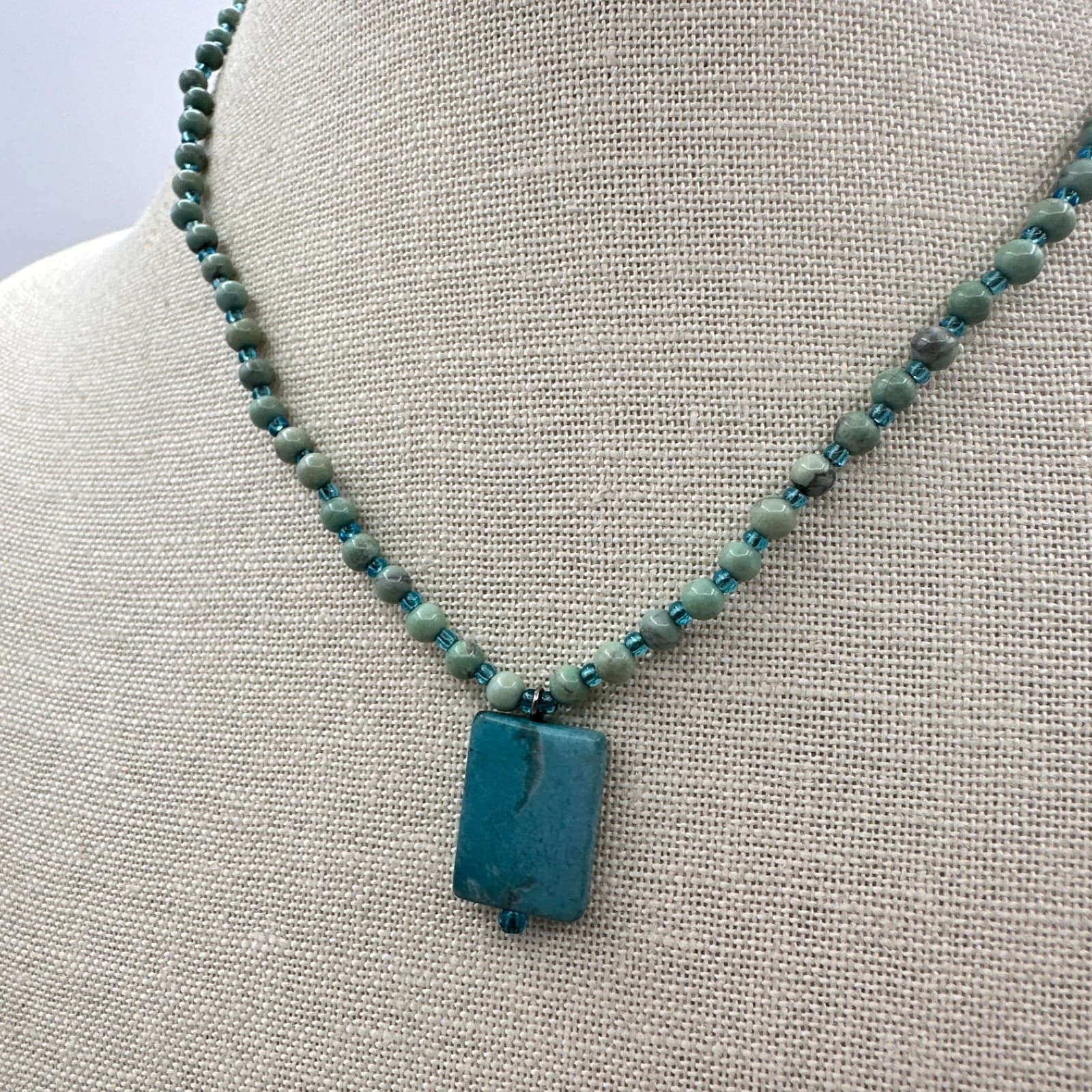 VTG Y2K Silver Tone Rectangle Turquoise Beaded Pendant Necklace Women's Jewelry - Thumbnail 5