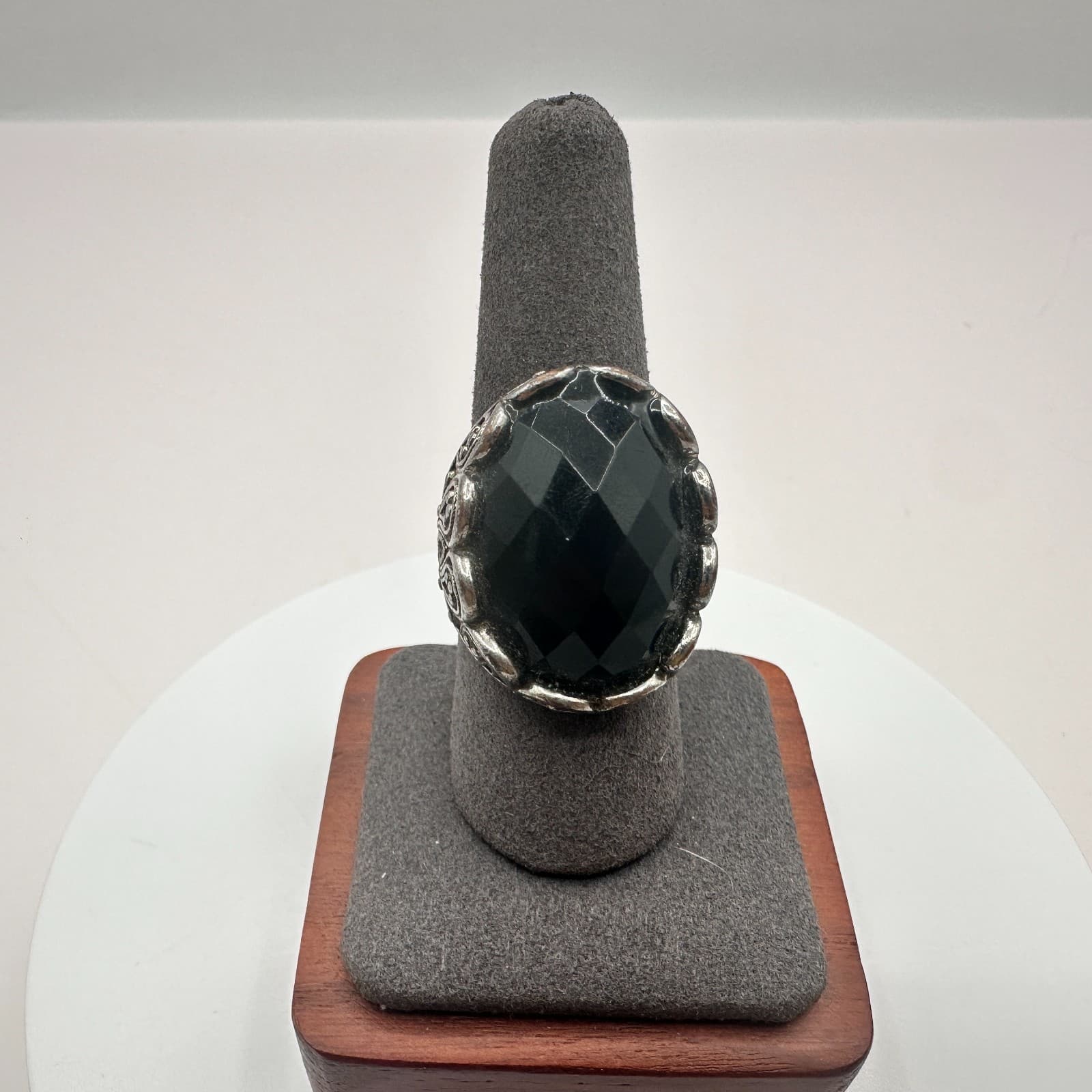 Vintage 80s Silver Tone Black Onyx Statement Ring Oval Faceted Gemstone Jewelry - Thumbnail 5