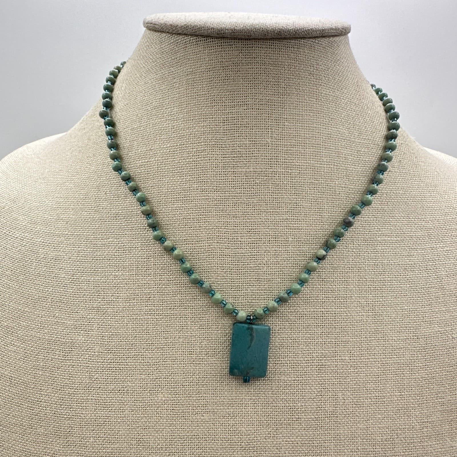 VTG Y2K Silver Tone Rectangle Turquoise Beaded Pendant Necklace Women's Jewelry - Thumbnail 2