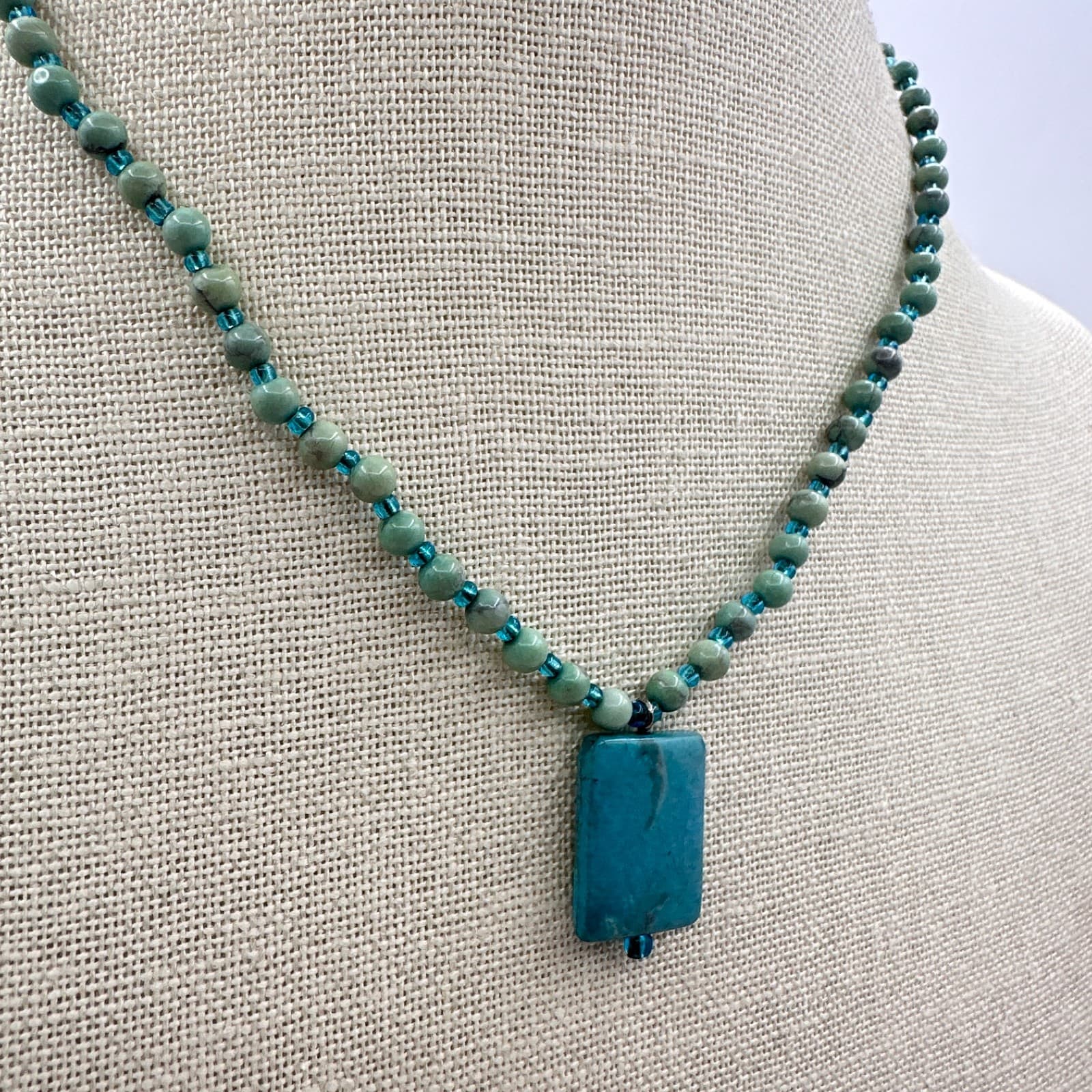 VTG Y2K Silver Tone Rectangle Turquoise Beaded Pendant Necklace Women's Jewelry - Thumbnail 4