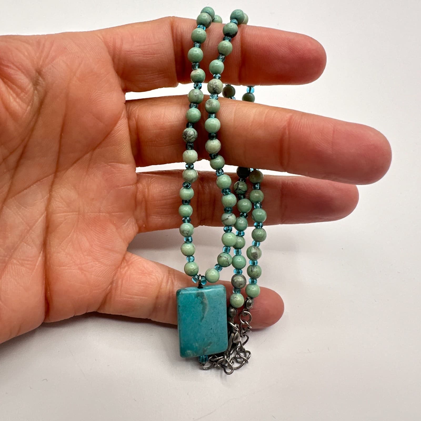 VTG Y2K Silver Tone Rectangle Turquoise Beaded Pendant Necklace Women's Jewelry - Thumbnail 8