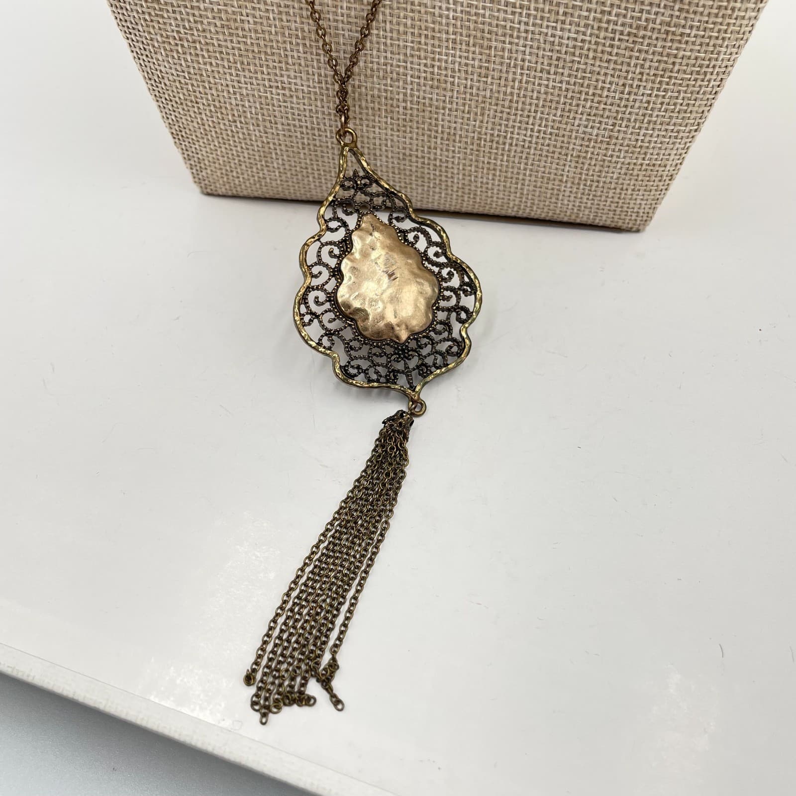 Vintage Boho Filigree Pendant Necklace Antiqued Gold Tone Long Chain Tassel 30" - Thumbnail 2