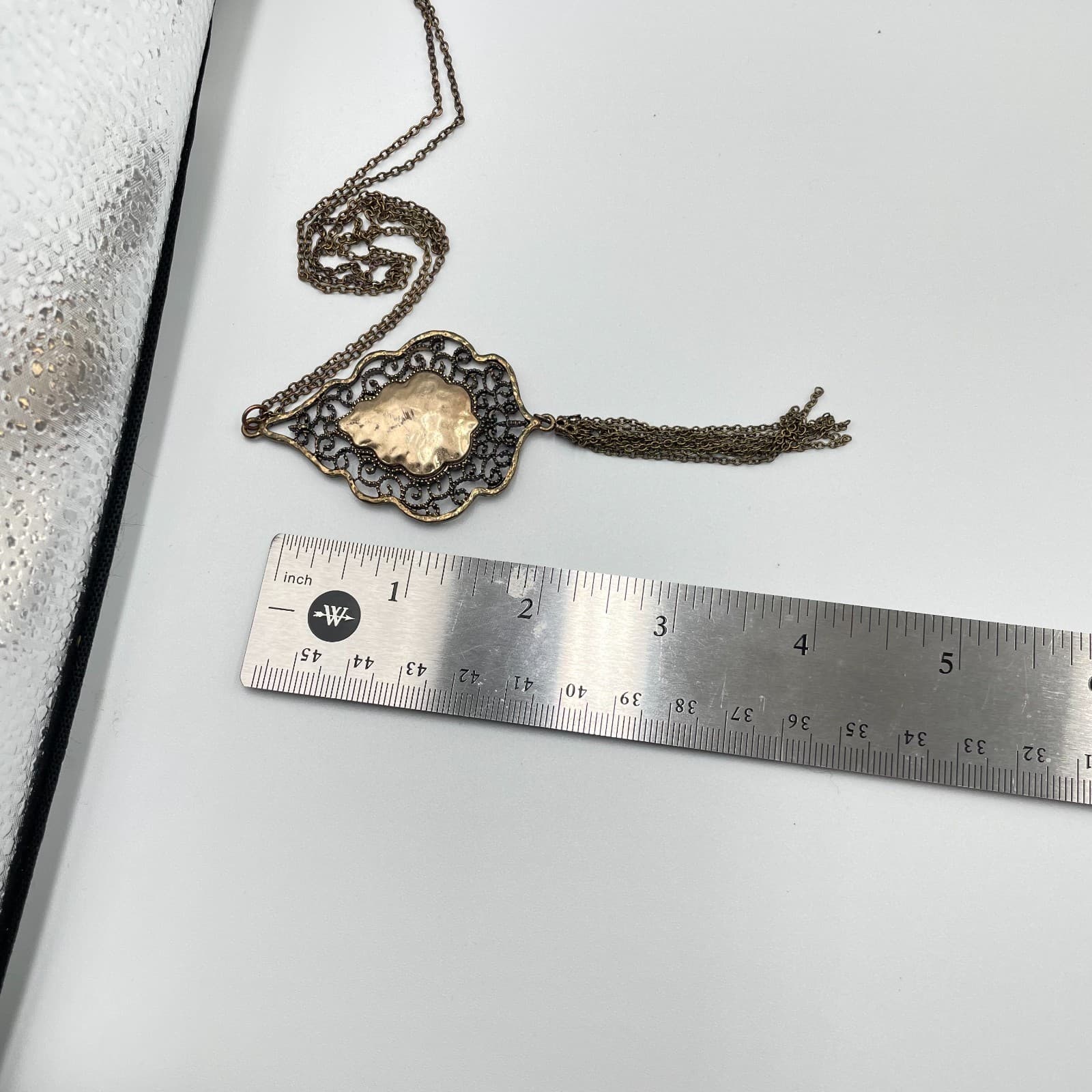 Vintage Boho Filigree Pendant Necklace Antiqued Gold Tone Long Chain Tassel 30" - Thumbnail 7