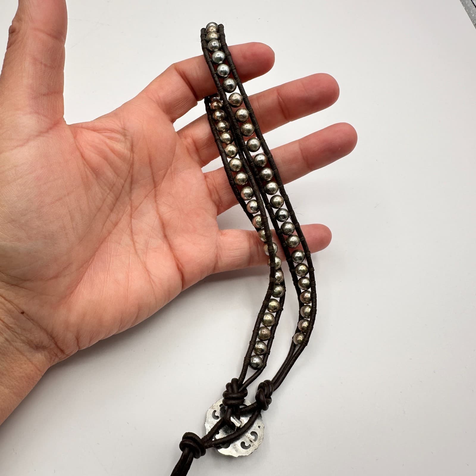 Vintage 90s Choker Necklace Silver Tone Ball Bead Brown Leather Boho Jewelry - Thumbnail 6