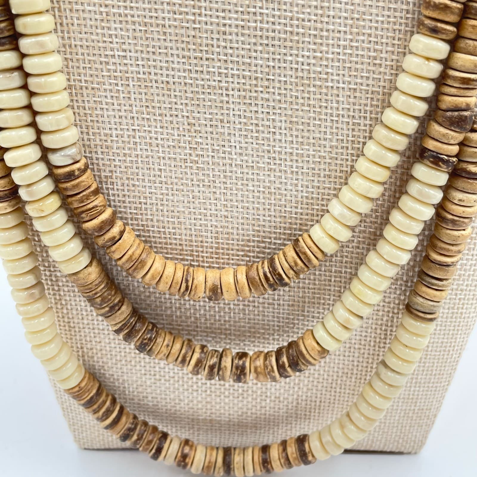 VTG Plunder Design Necklace Multi Strand Wood Bead Brass Chain Boho Statement - Thumbnail 3