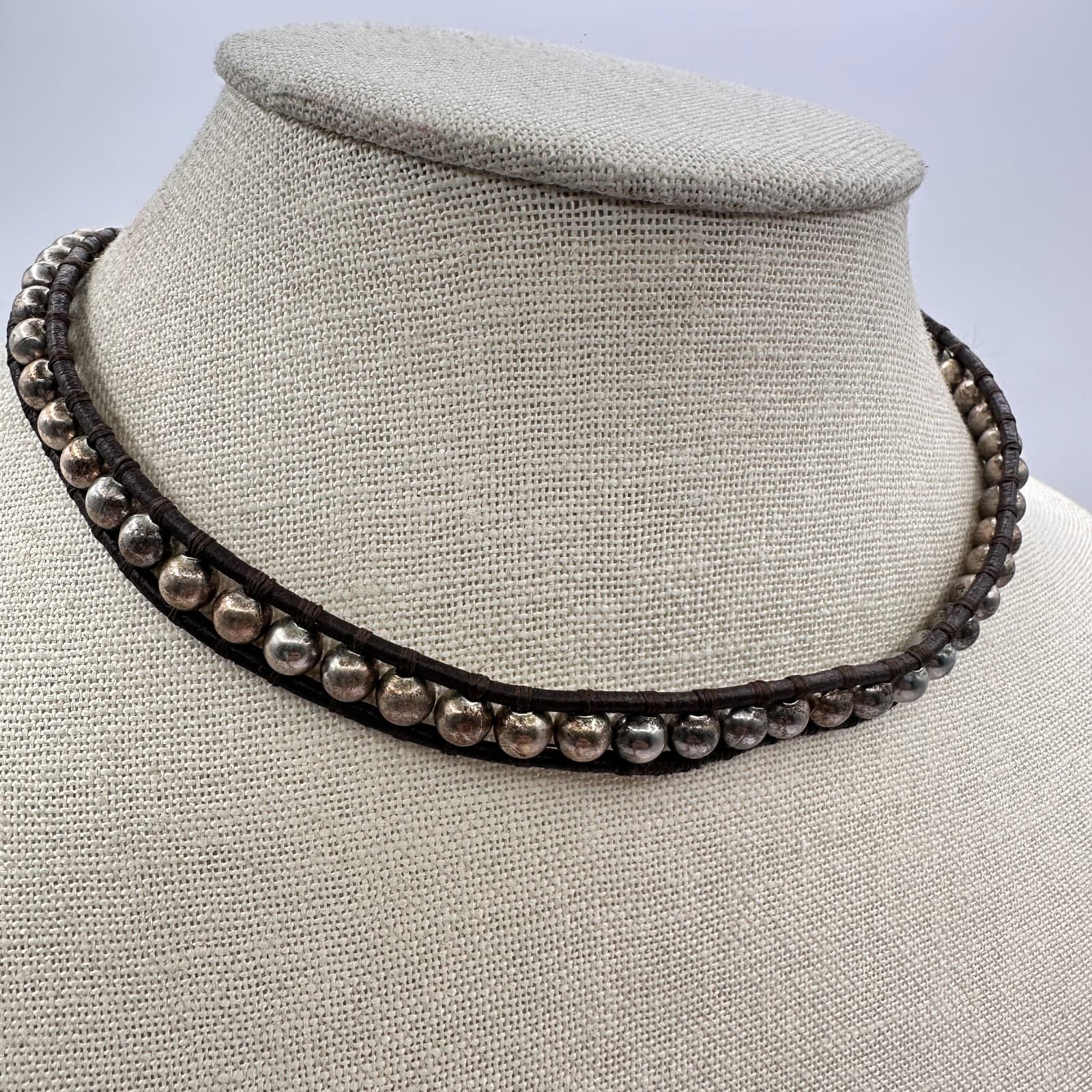 Vintage 90s Choker Necklace Silver Tone Ball Bead Brown Leather Boho Jewelry - Thumbnail 2