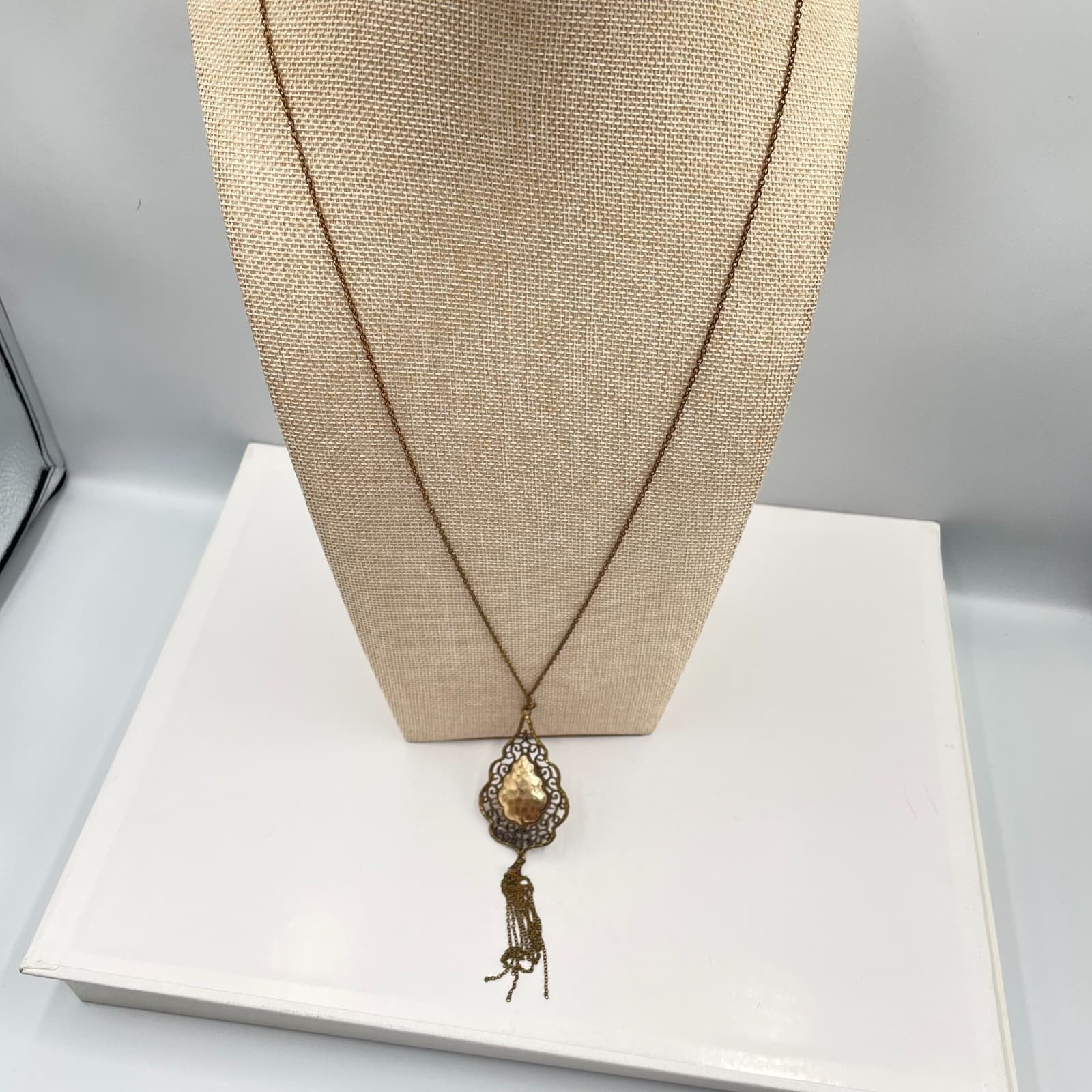 Vintage Boho Filigree Pendant Necklace Antiqued Gold Tone Long Chain Tassel 30" - Image 1