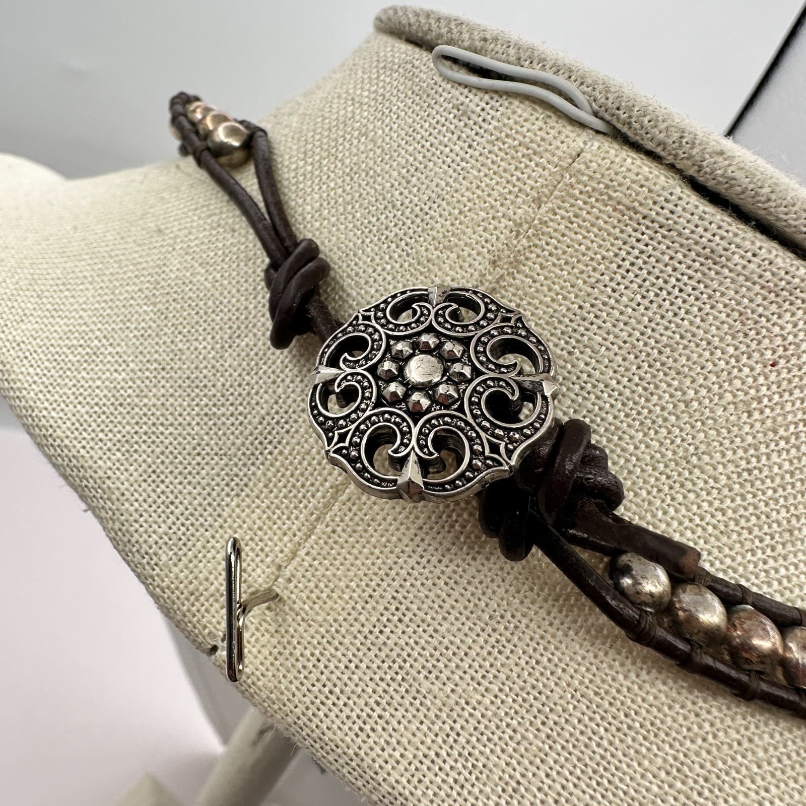 Vintage 90s Choker Necklace Silver Tone Ball Bead Brown Leather Boho Jewelry - Thumbnail 5