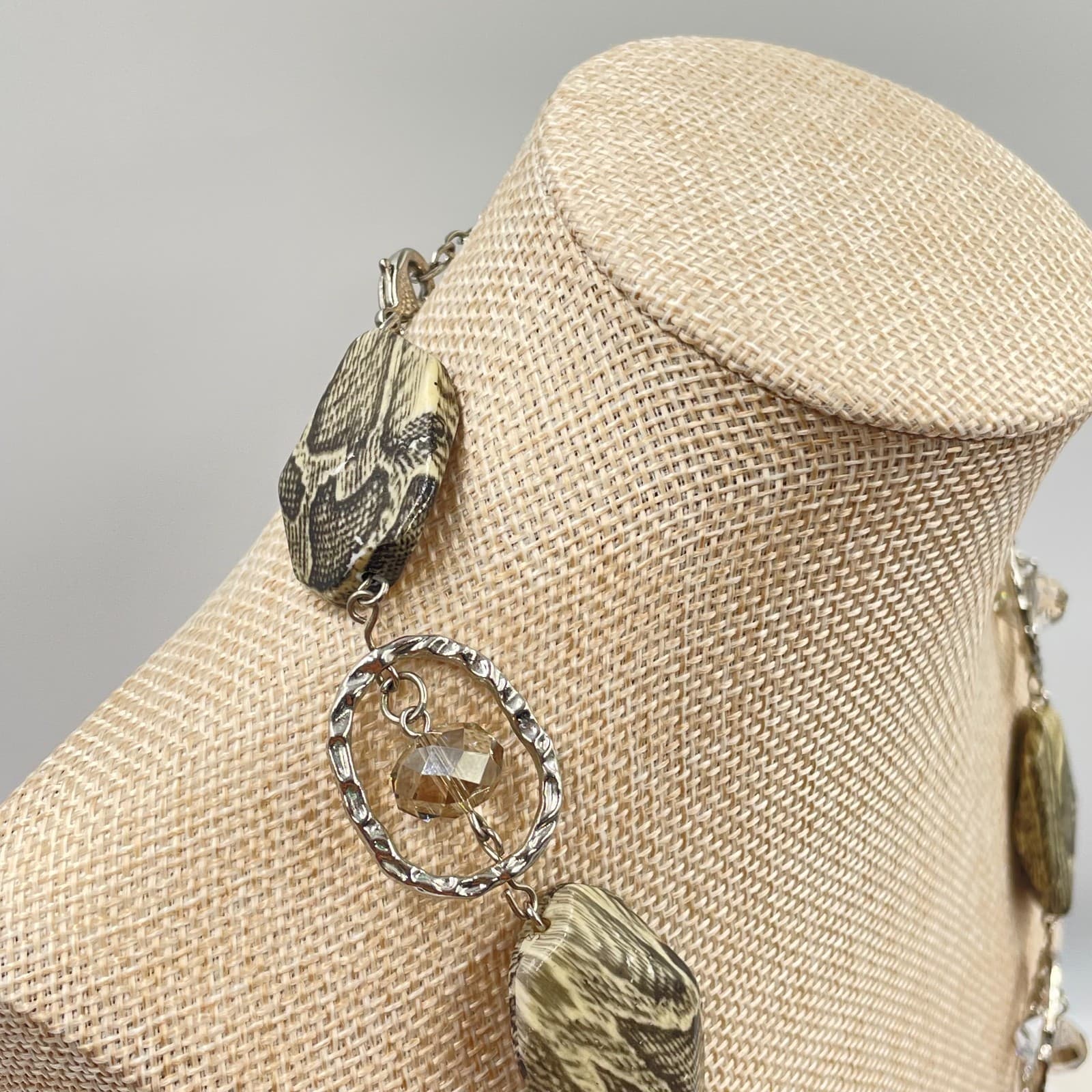 VTG Silver Tone Snakeskin Print Resin Statement Necklace Chunky Crystal Beaded - Thumbnail 6