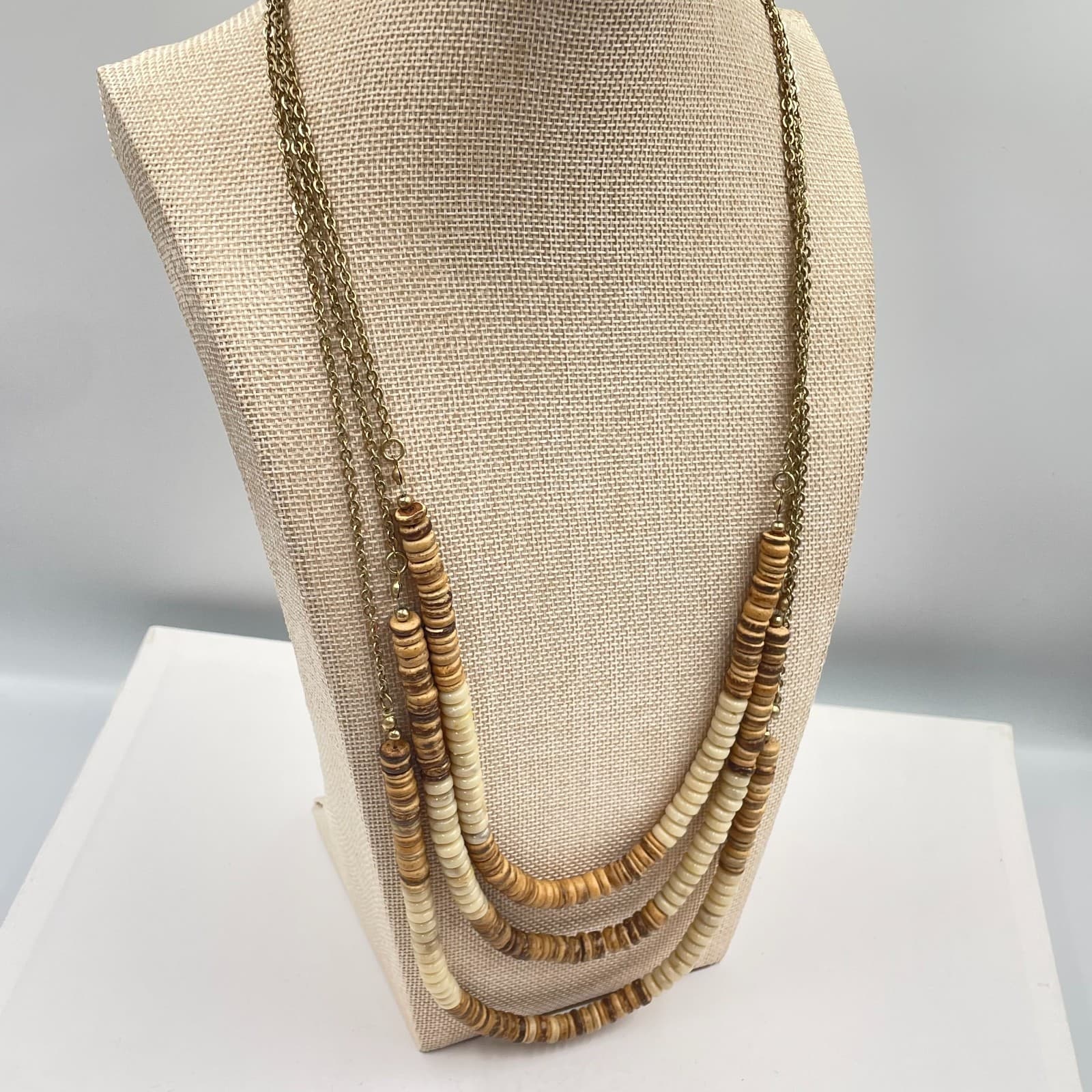 VTG Plunder Design Necklace Multi Strand Wood Bead Brass Chain Boho Statement - Thumbnail 4