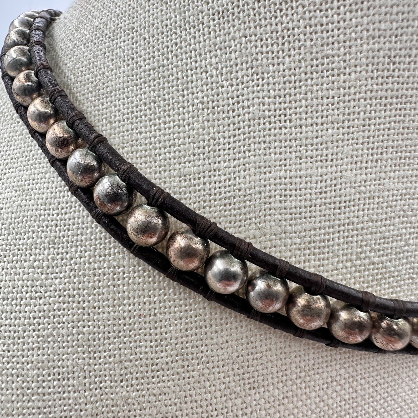 Vintage 90s Choker Necklace Silver Tone Ball Bead Brown Leather Boho Jewelry - Thumbnail 3