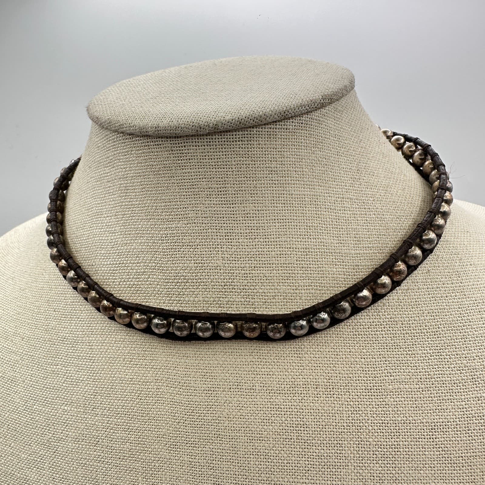 Vintage 90s Choker Necklace Silver Tone Ball Bead Brown Leather Boho Jewelry - Thumbnail 4