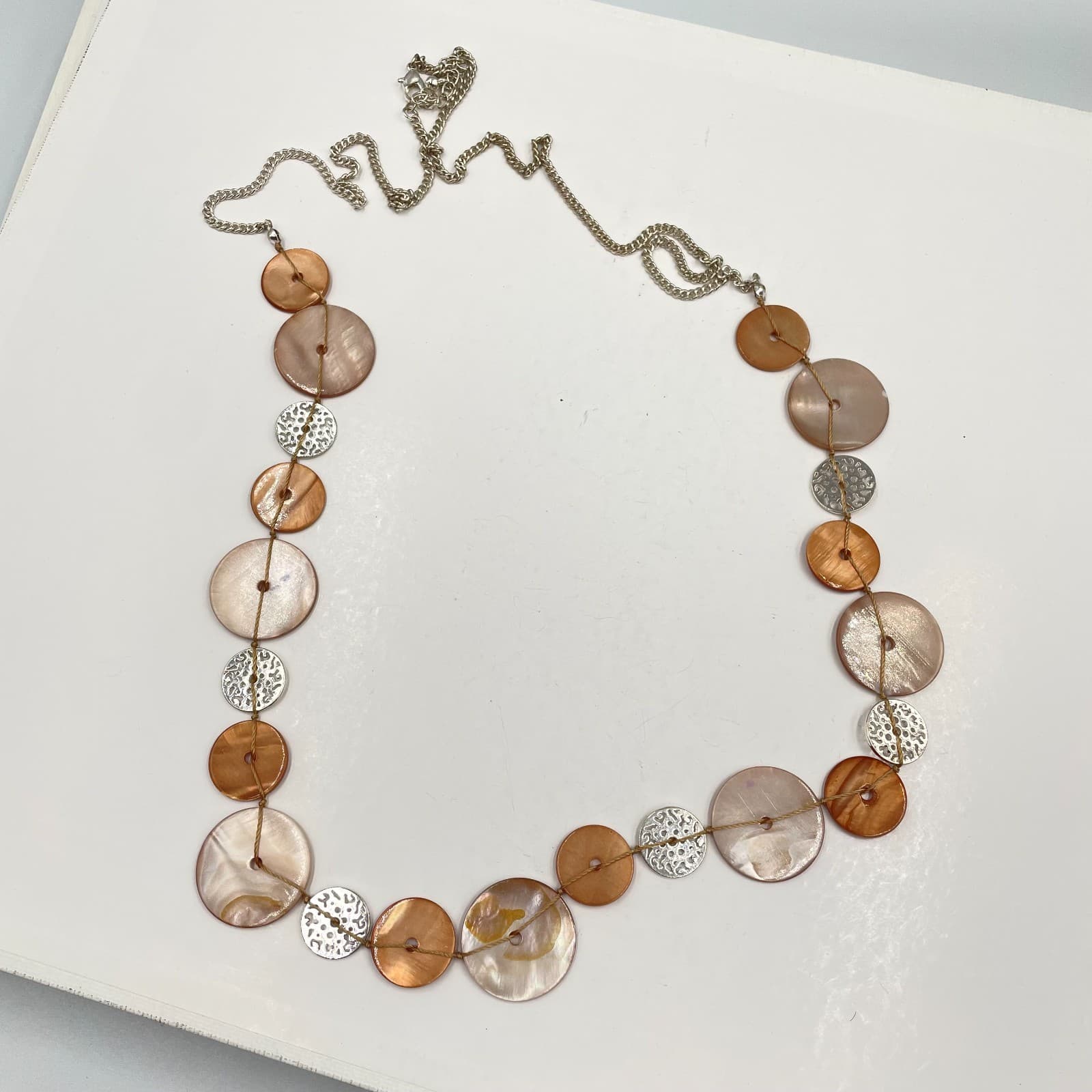 Vintage Boho Mother of Pearl Shell Statement Necklace Silver Tone Filigree Links - Image 1