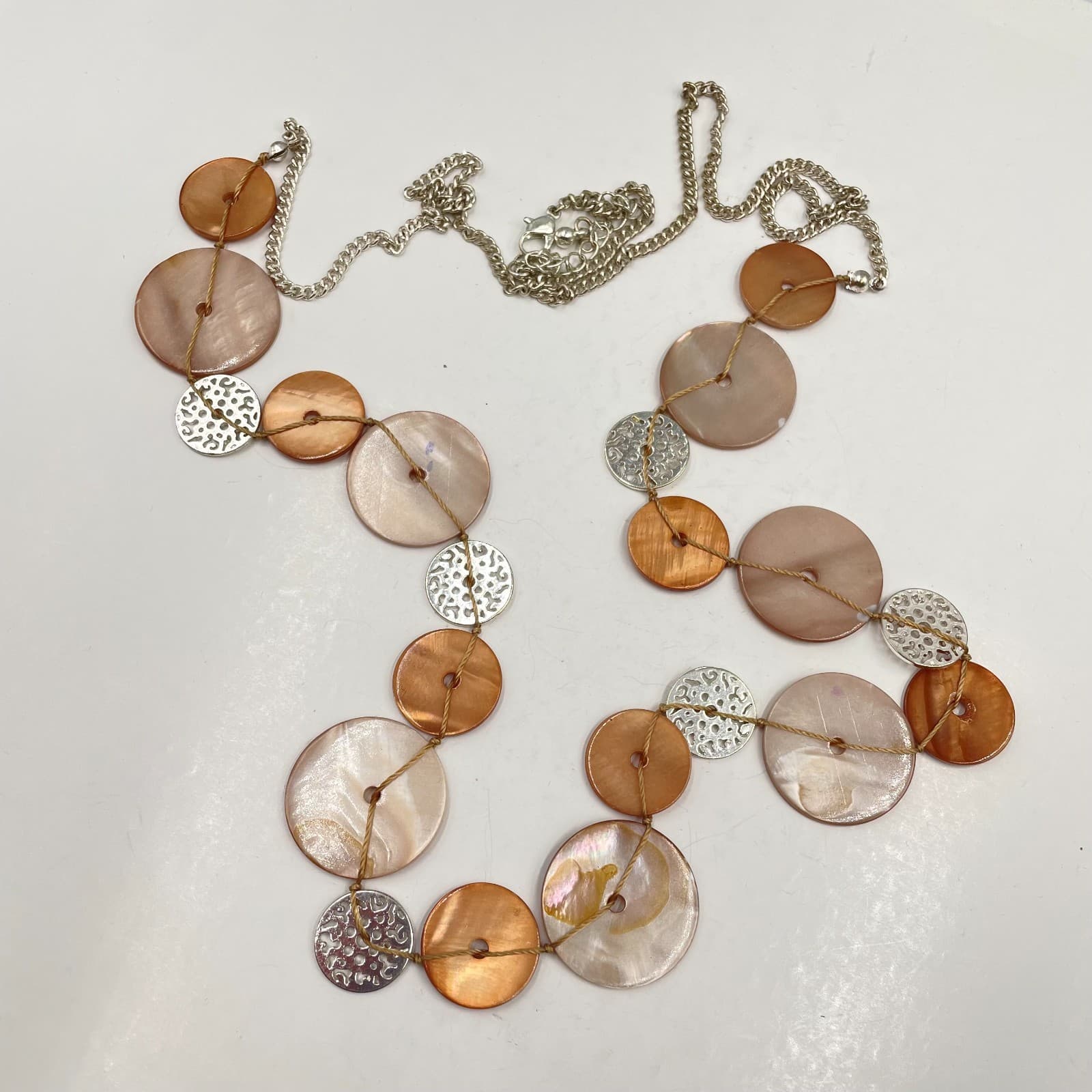 Vintage Boho Mother of Pearl Shell Statement Necklace Silver Tone Filigree Links - Thumbnail 3