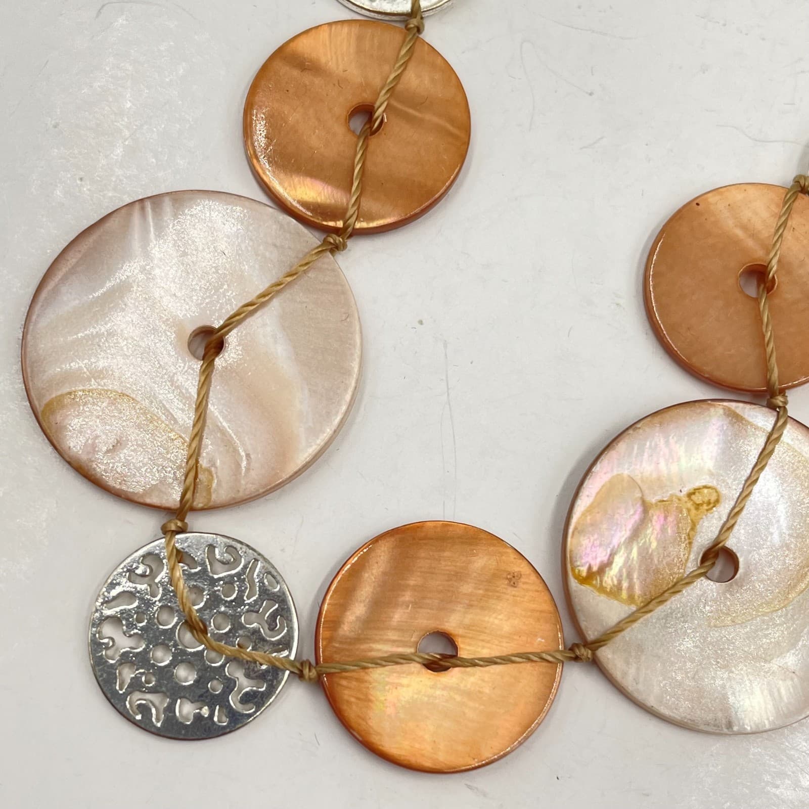 Vintage Boho Mother of Pearl Shell Statement Necklace Silver Tone Filigree Links - Thumbnail 4